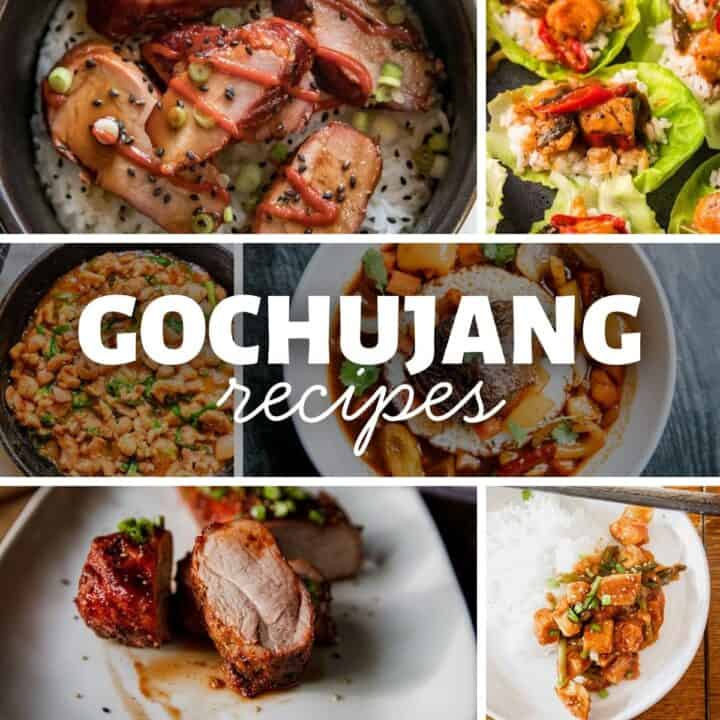 Assorted dishes featuring Gochujang including meat, rice, and vegetables.