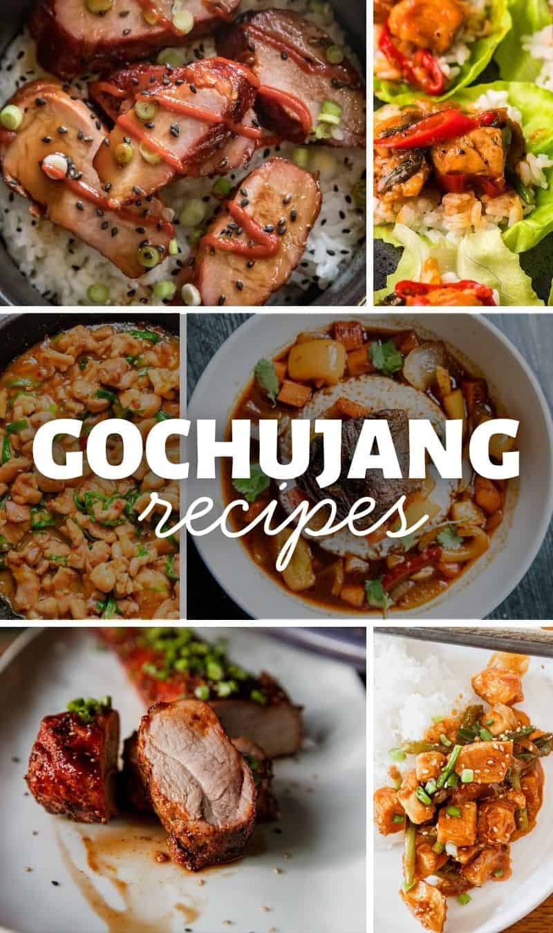 Assorted dishes featuring Gochujang including meats, rice bowls, and stews.