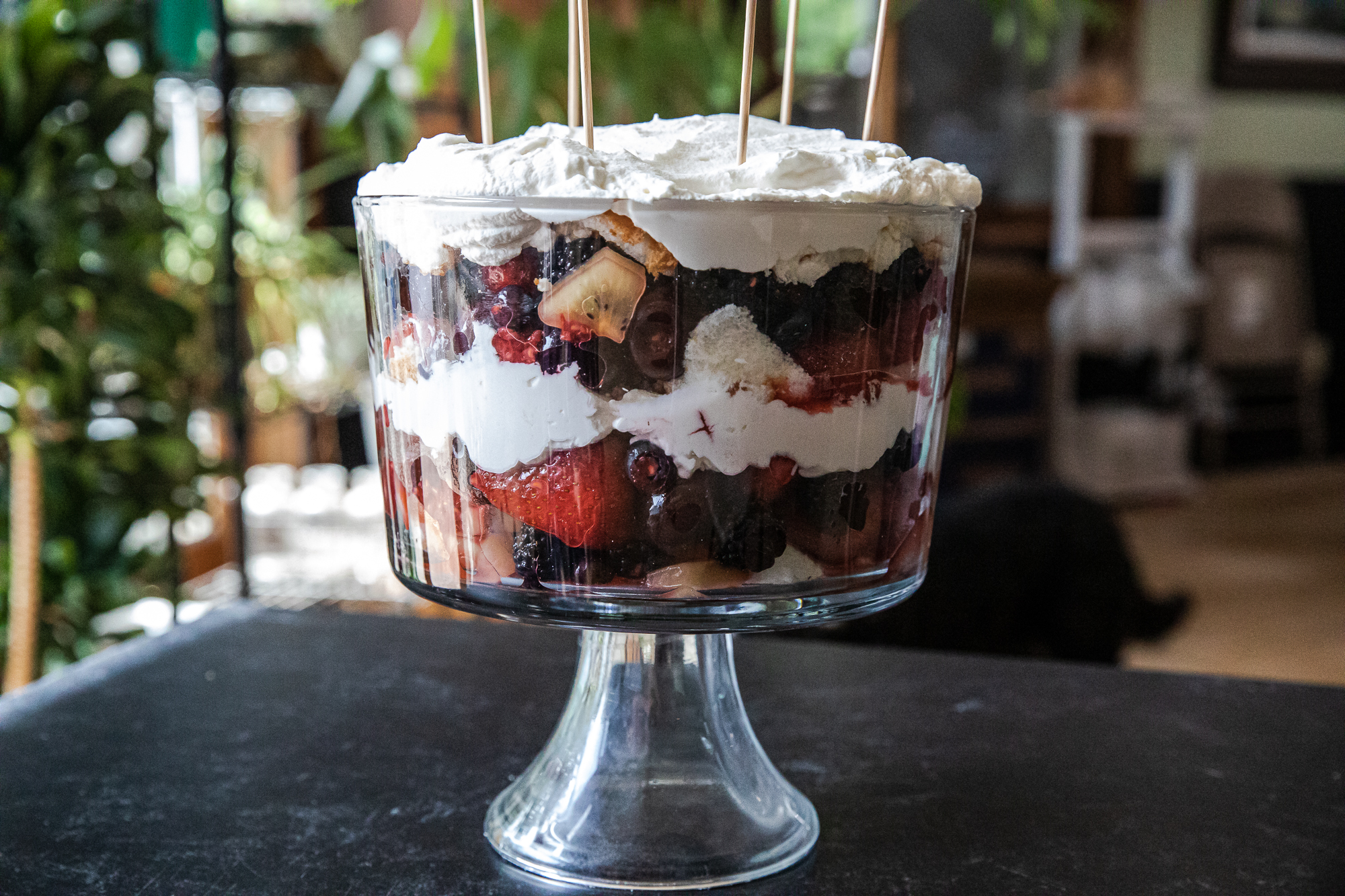 Colorful trifle layered with cake, fruit, and whipped cream.