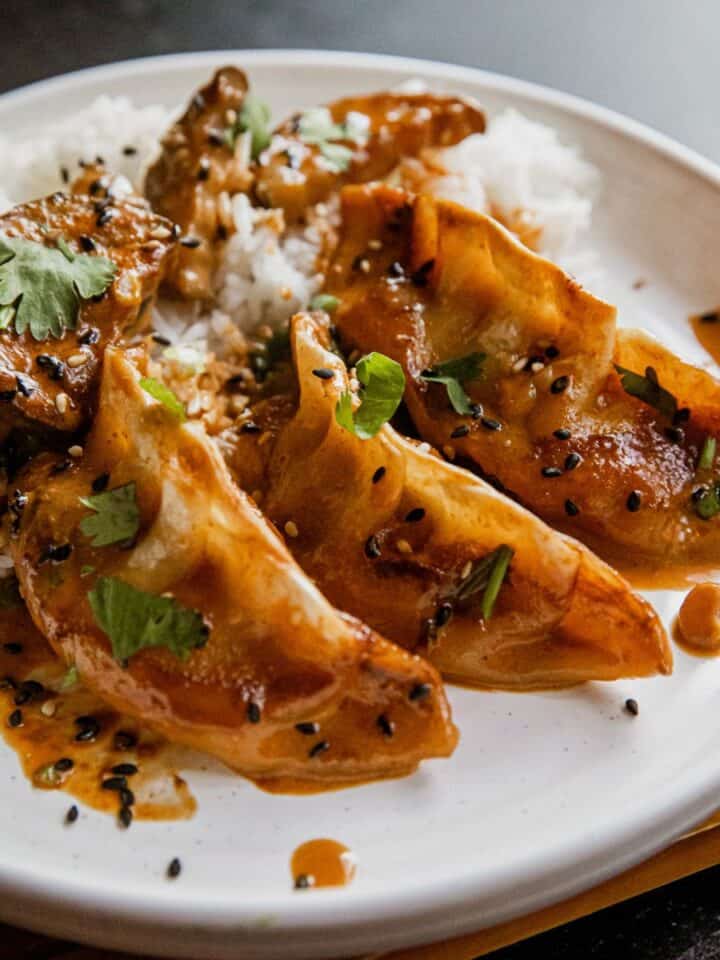 Coconut curry dumplings served with rice, garnished with cilantro and black sesame seeds.