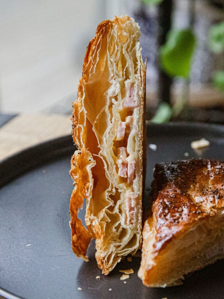 Crispy homemade ham and cheese hot pocket with flaky pastry crust.