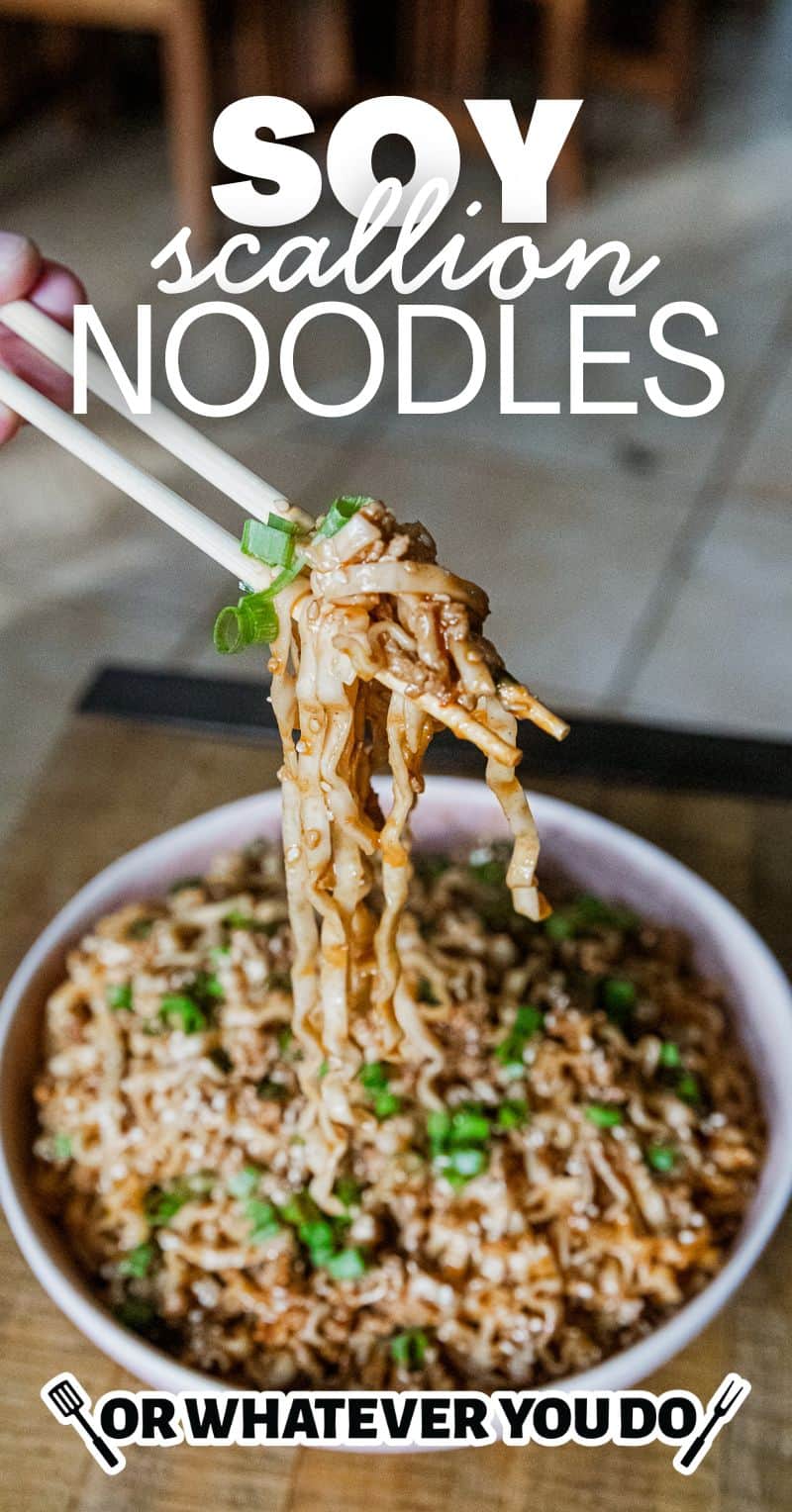 Delicious soy scallion noodles with tender pork, garnished with green onions, perfect for a flavorfu.