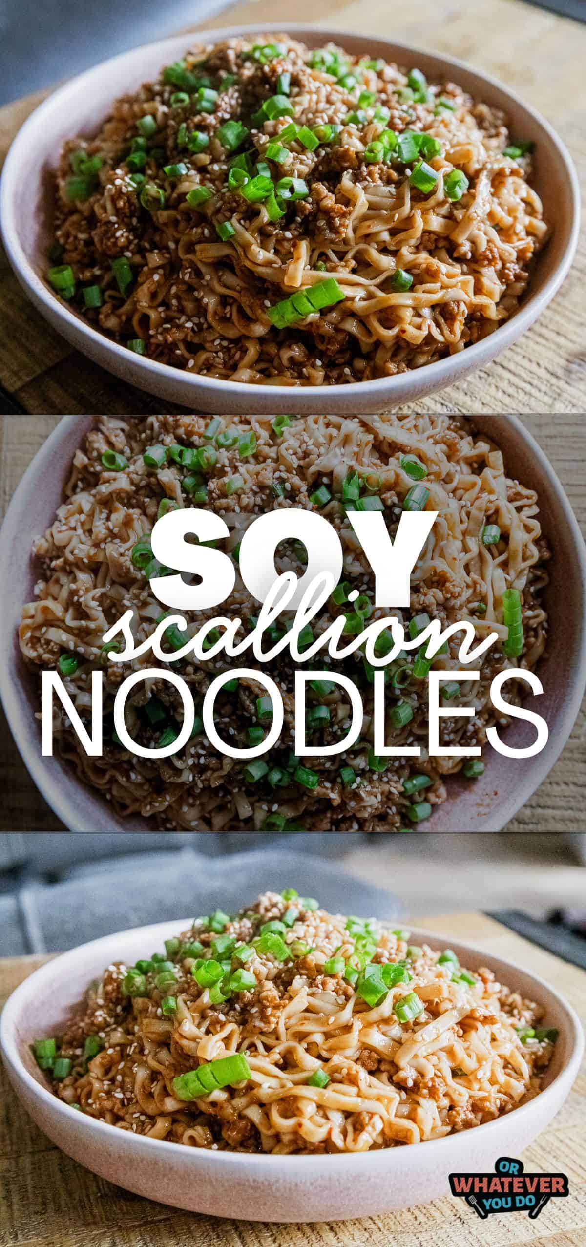 Delicious soy scallion noodles topped with tender pork and fresh green onions. Perfect for a flavorf.