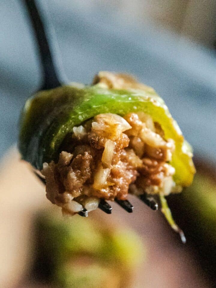 Stuffed Hatch chili pepper with savory meat and rice filling, ready to enjoy. Perfect for spicy appe.
