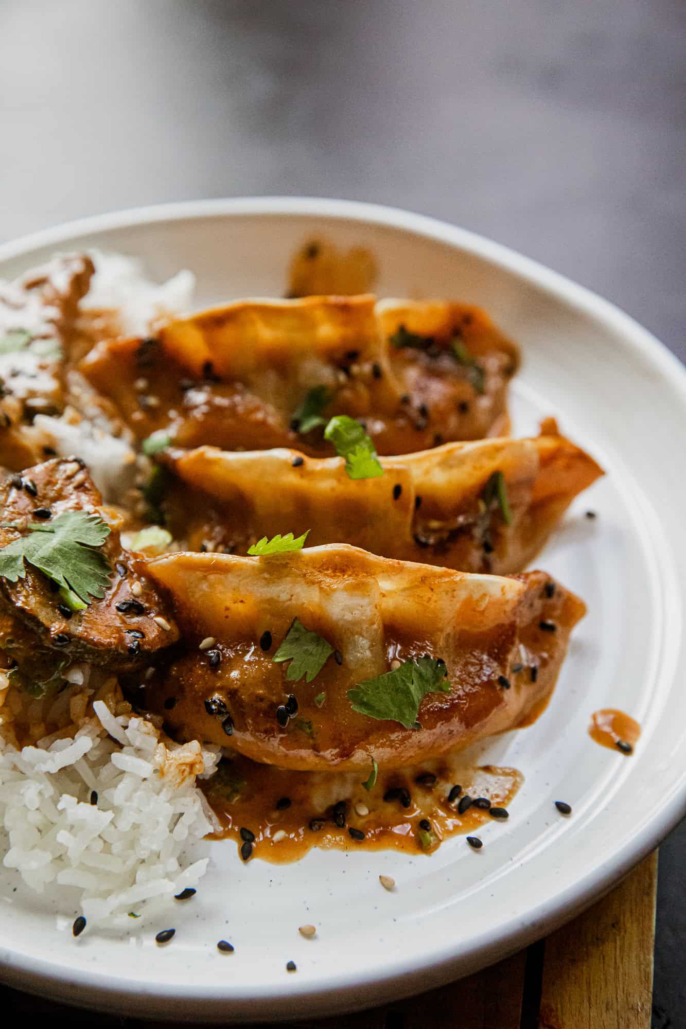Delicious coconut curry dumplings served with rice, garnished with fresh cilantro and black sesame s.