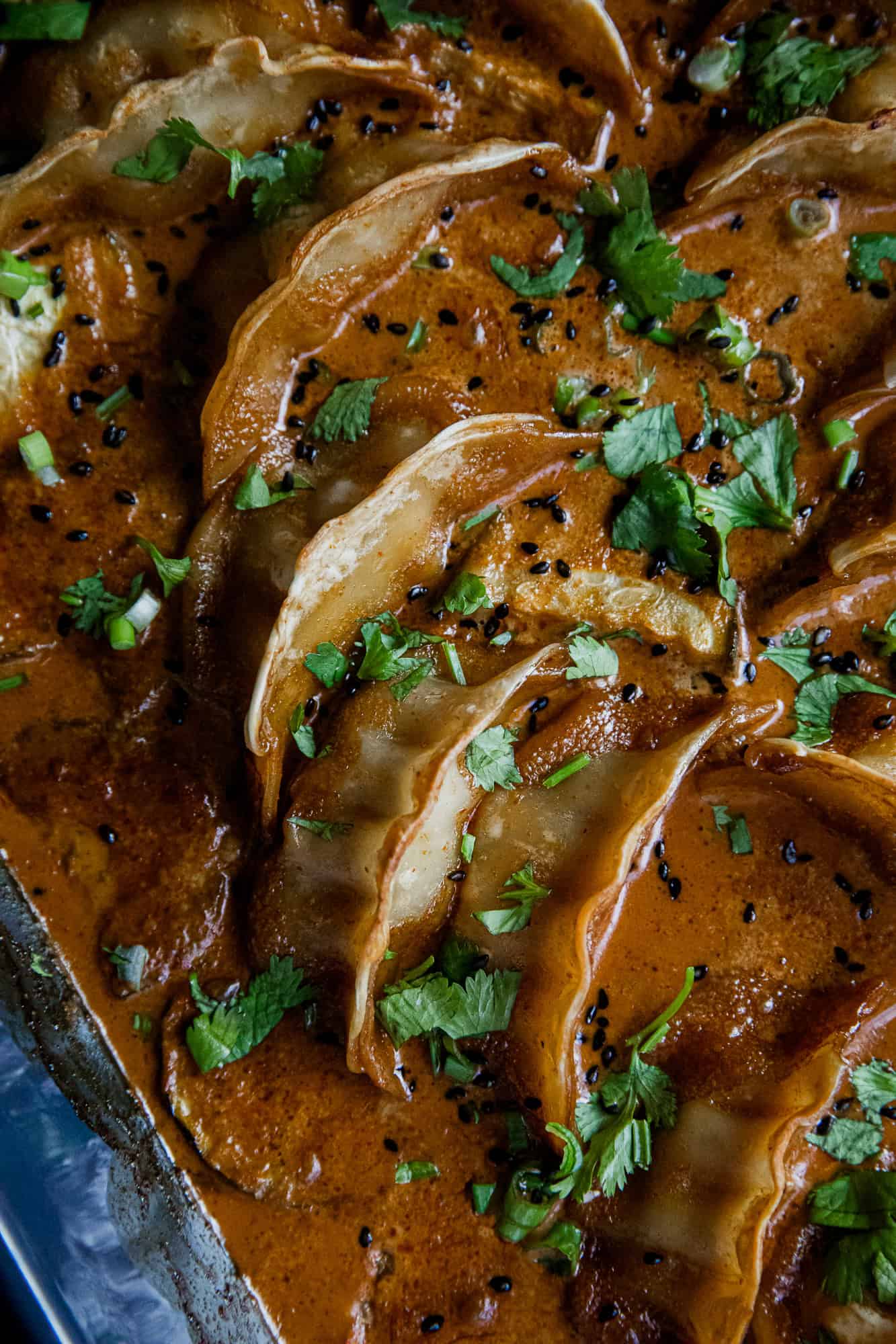 Delicious coconut curry dumplings garnished with cilantro and black sesame seeds.