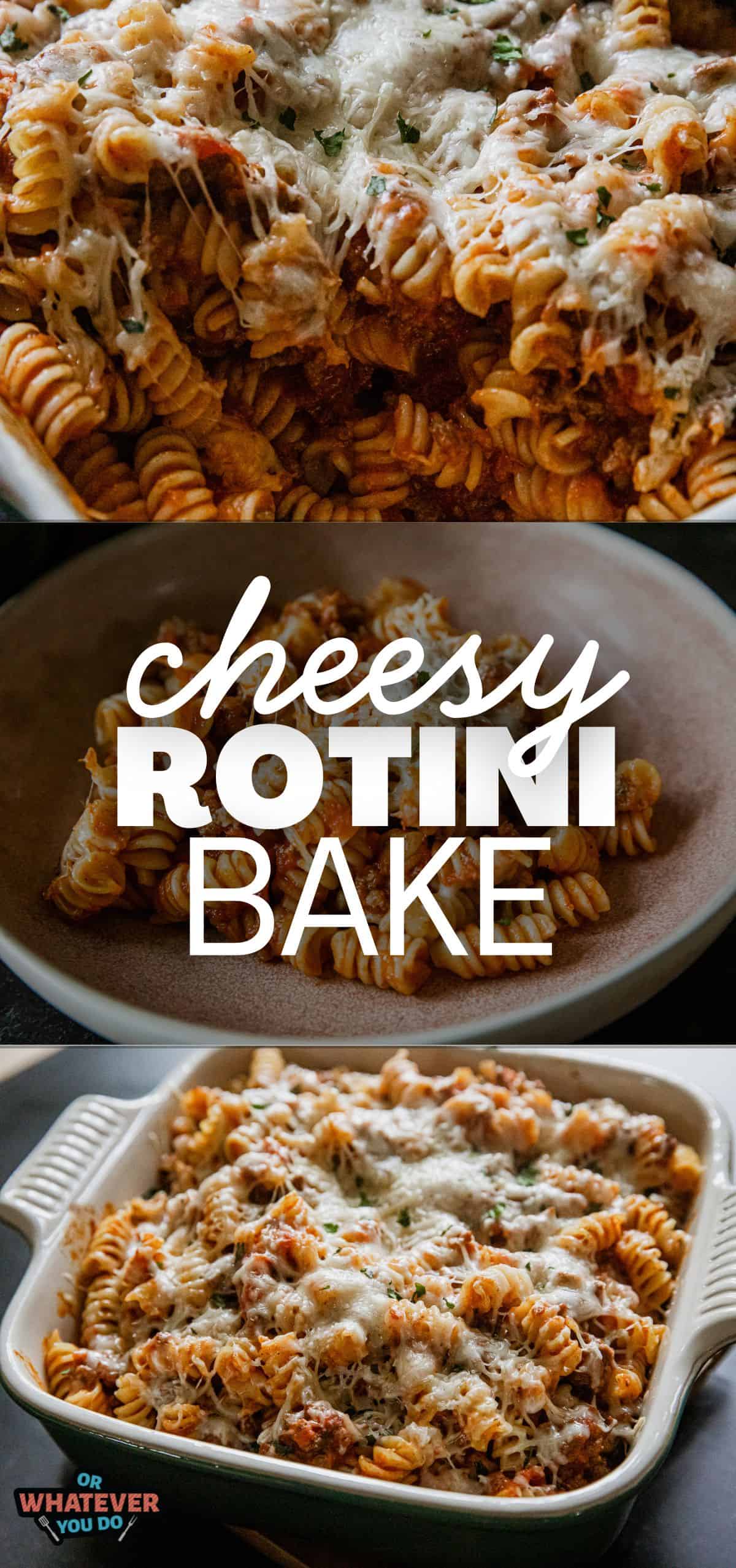 Delicious cheesy rotini pasta bake with melted cheese and savory toppings, perfect for comfort food.