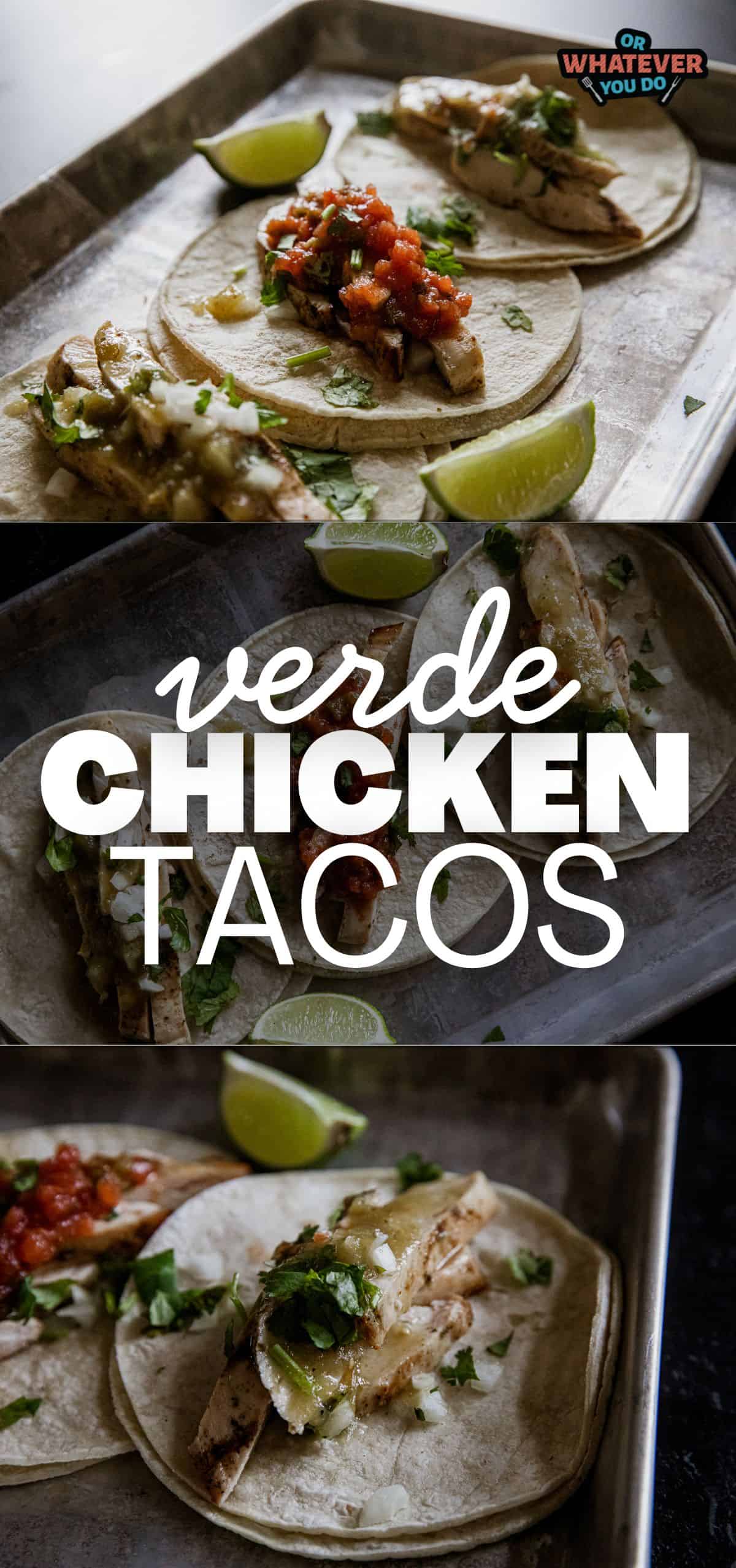 Verde chicken tacos with fresh salsa and lime wedges, perfect for a flavorful Mexican-inspired dish.