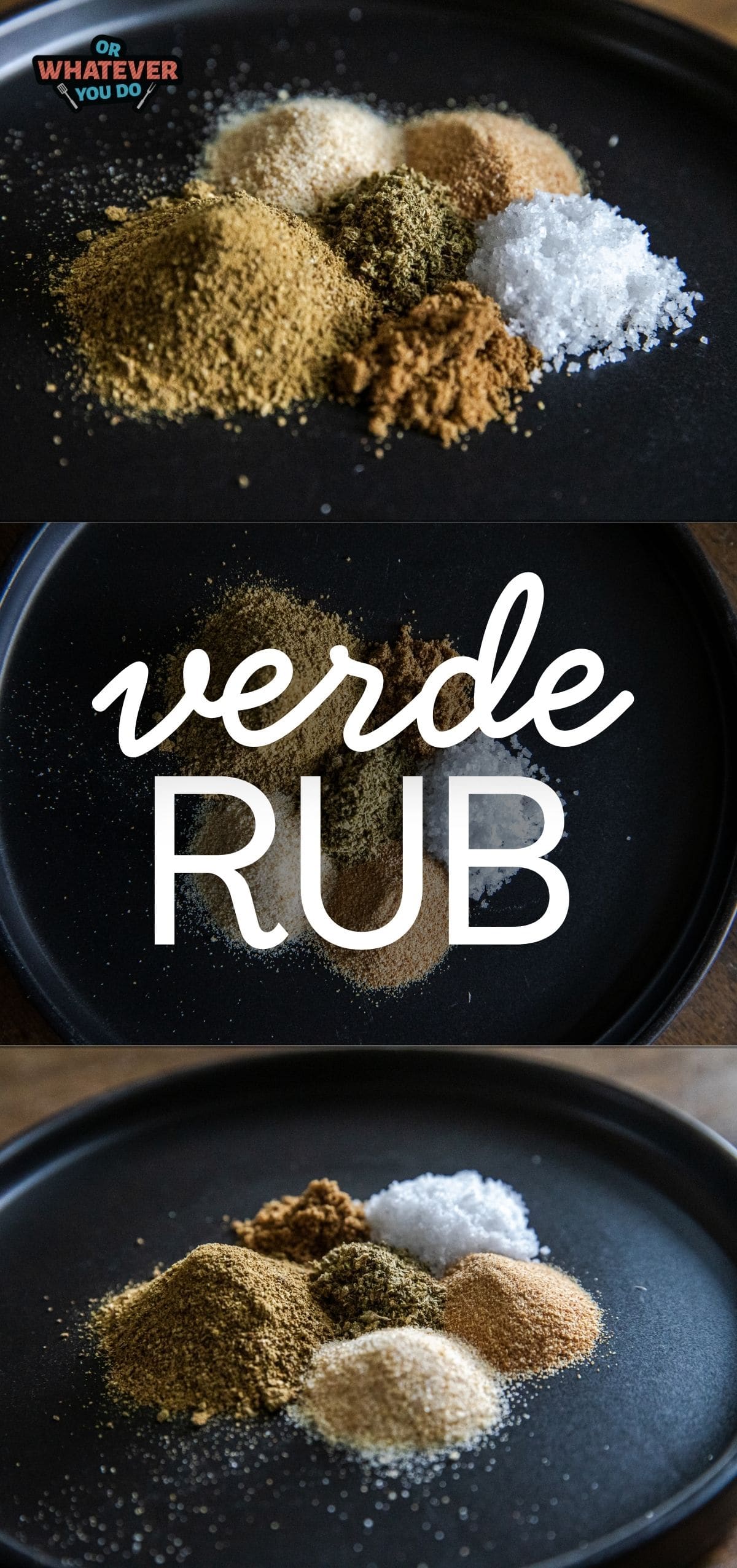 Assorted spices for Mexican Verde Rub on black background.