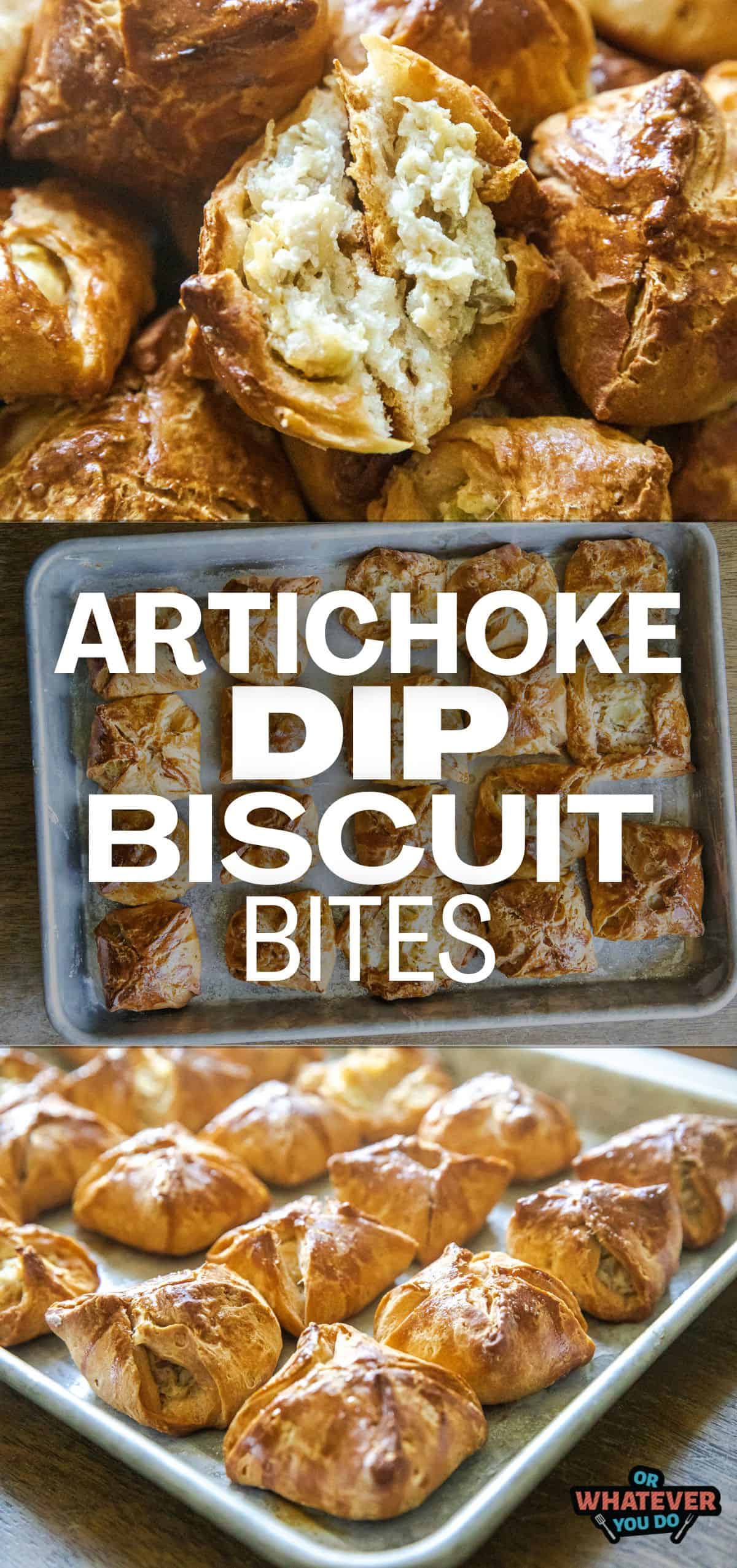 Close-up of cheesy artichoke dip biscuit bites on a tray, golden and crispy.