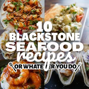 Assorted Blackstone seafood dishes including shrimp, fish, and shellfish on a cooking griddle.