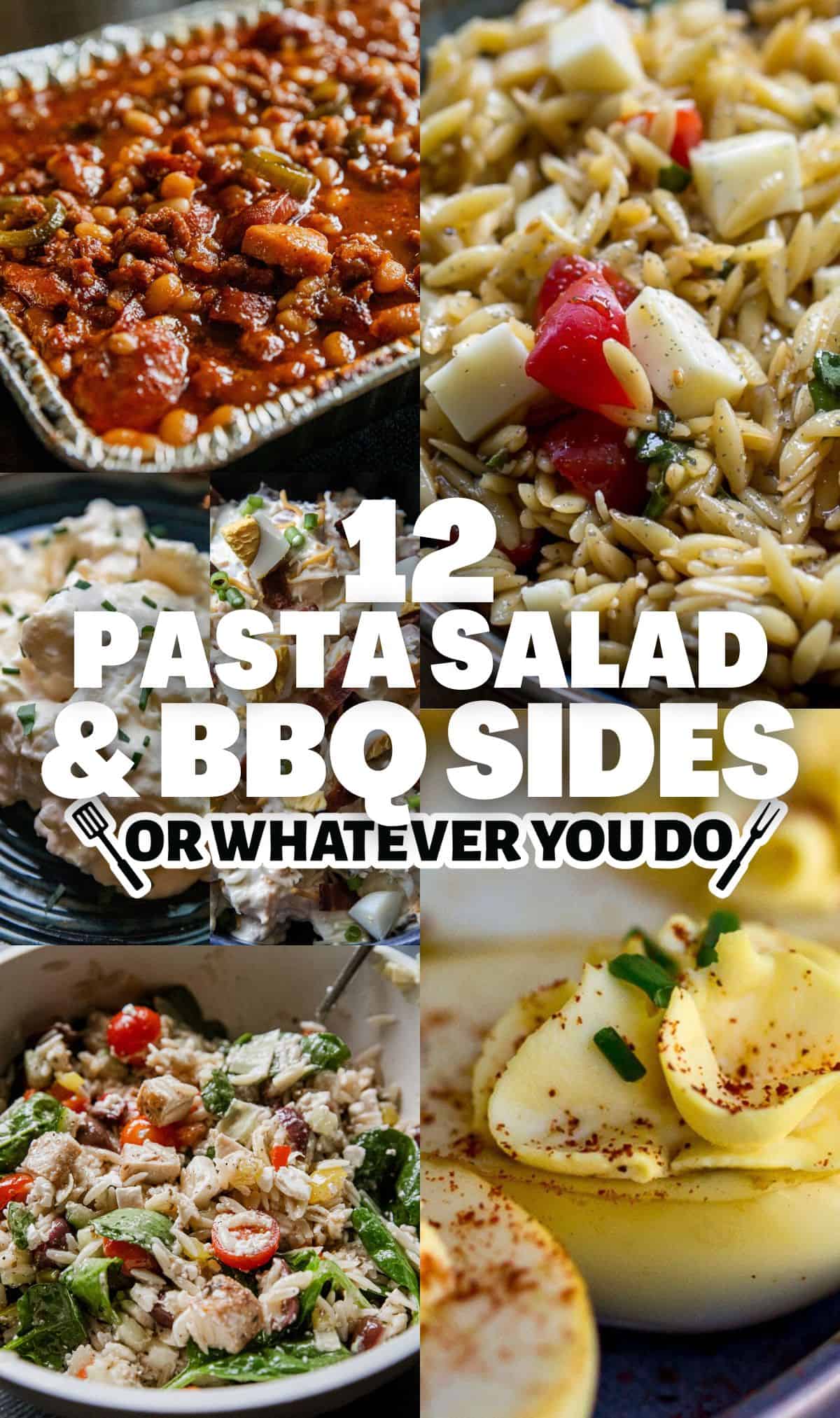 Assorted pasta salads and BBQ side dishes featuring fresh ingredients and vibrant flavors.