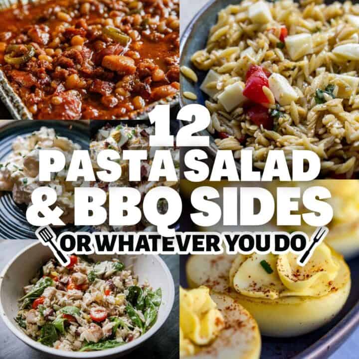 Fresh pasta salad with vegetables and BBQ sides for outdoor gatherings.