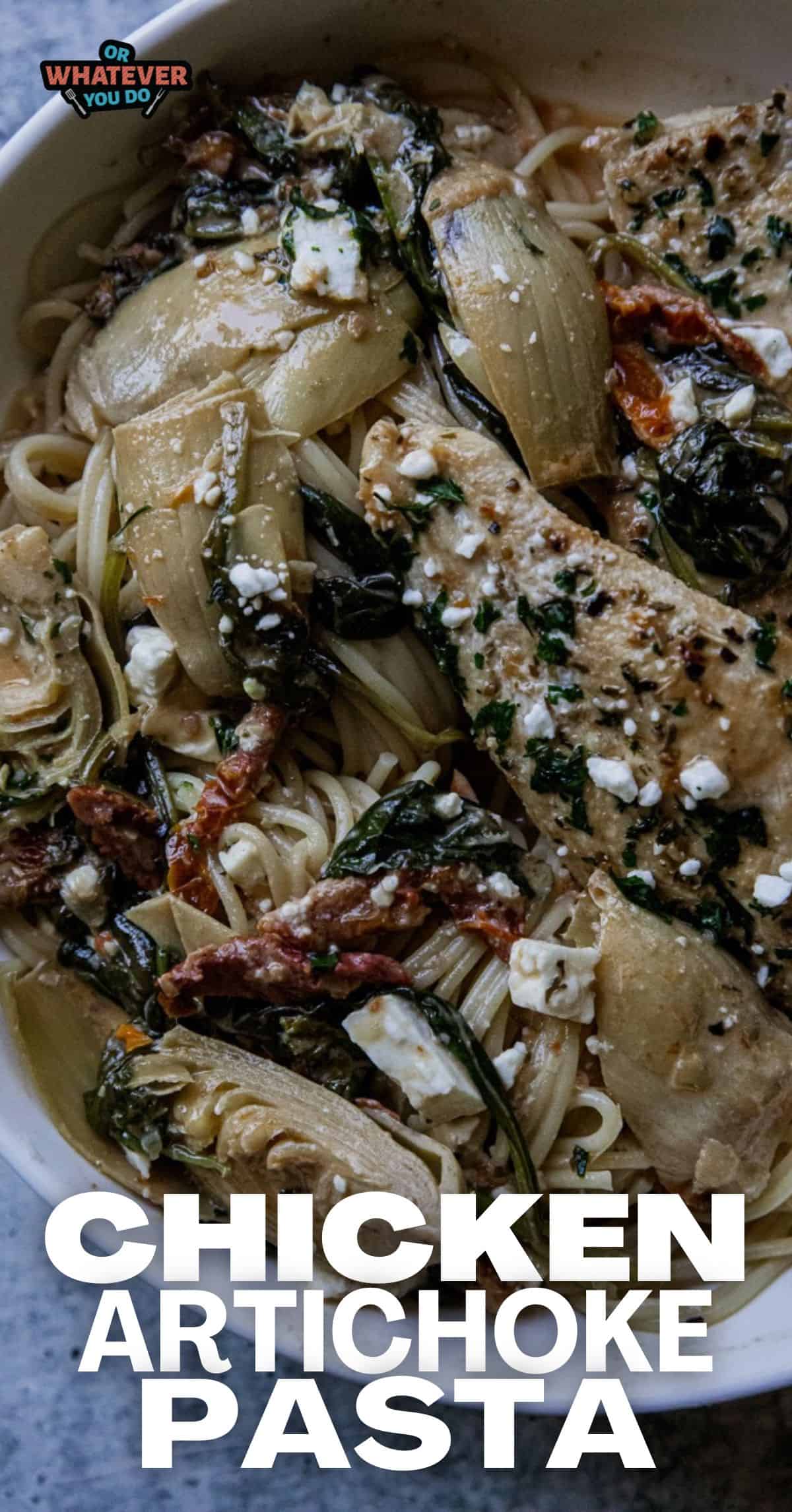 Delicious chicken and artichoke pasta dish with herbs and cheese, perfect for a hearty, flavorful me.