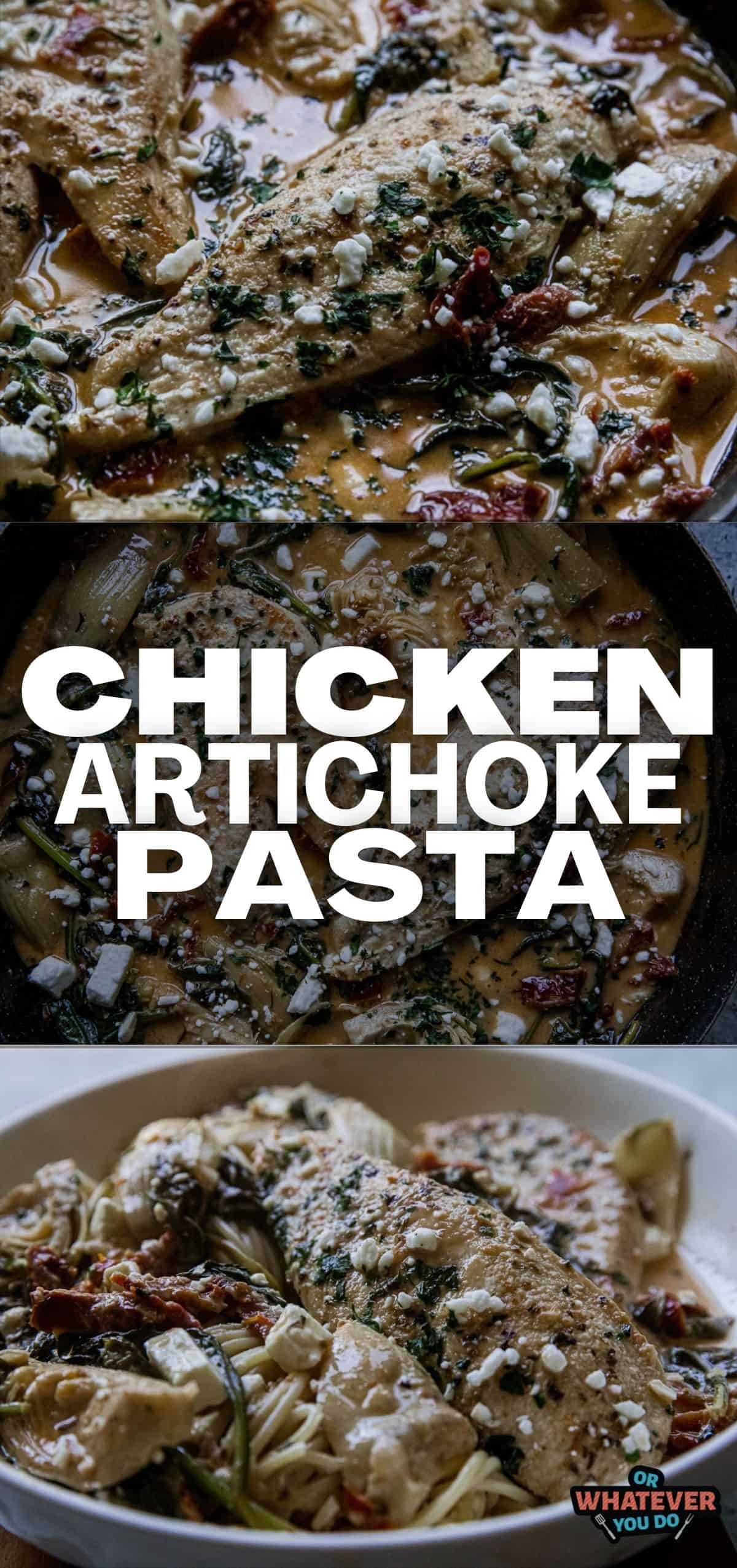 Chicken artichoke pasta dish with herbs and cheese, creamy and flavorful.