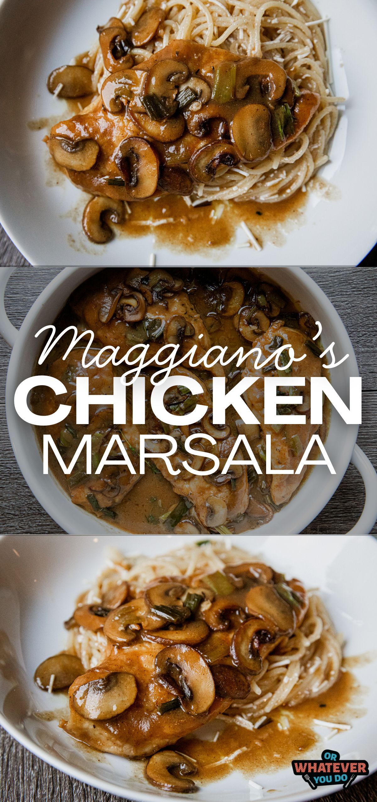 Chicken Marsala with mushrooms served over pasta, rich and flavorful.