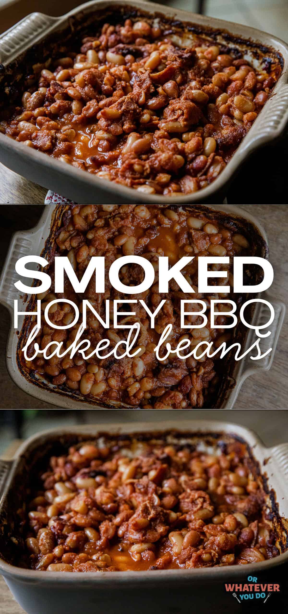 Delicious smoked honey BBQ baked beans in a baking dish, ready to serve.