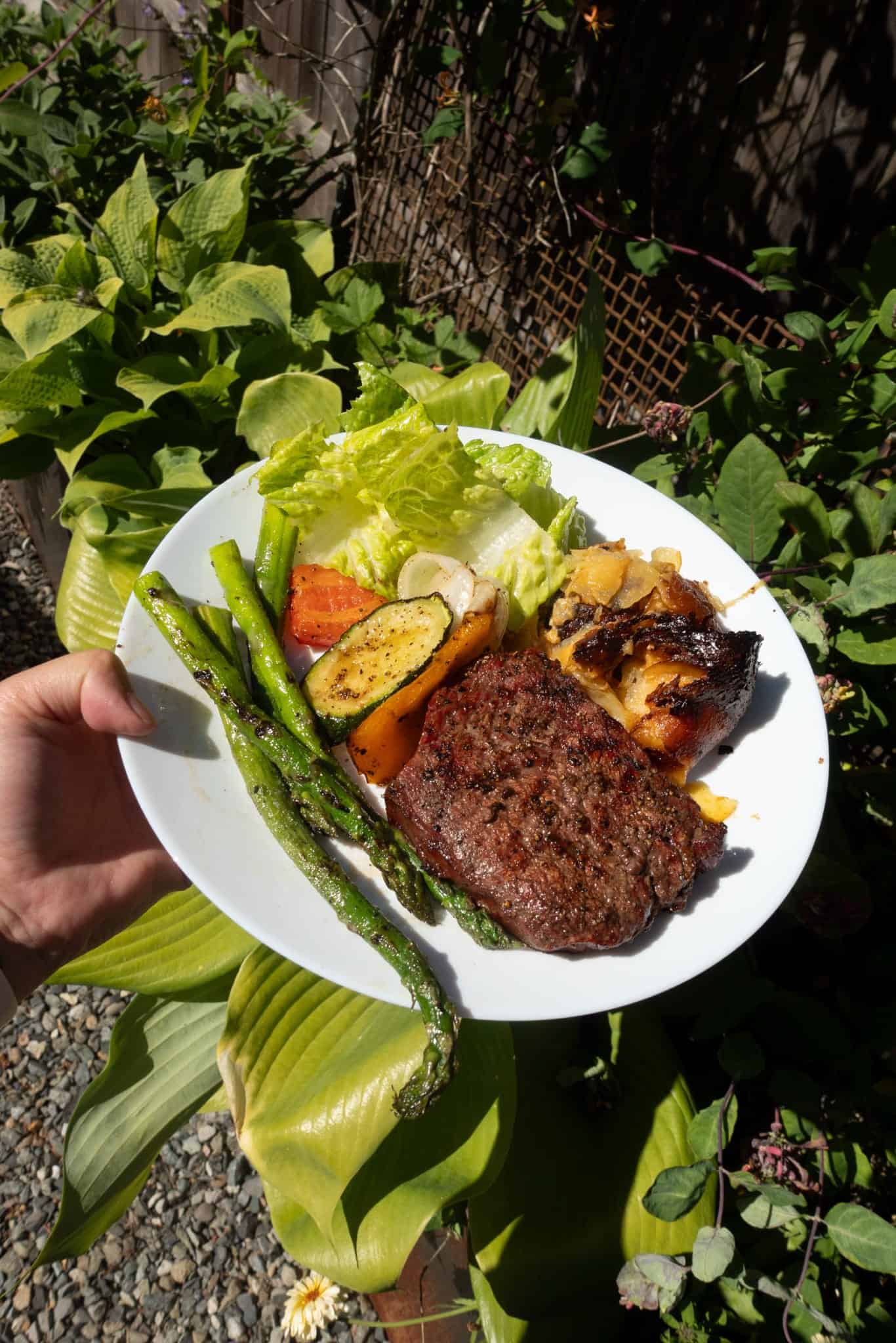 Juicy grilled steak served with fresh vegetables and roasted potatoes.