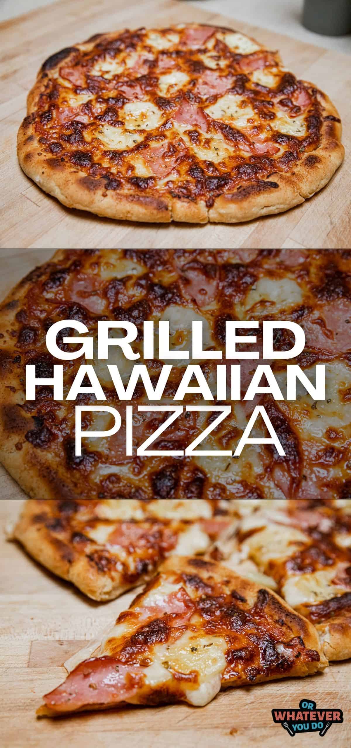 Delicious grilled Hawaiian pizza with ham, pineapple, and melted cheese.