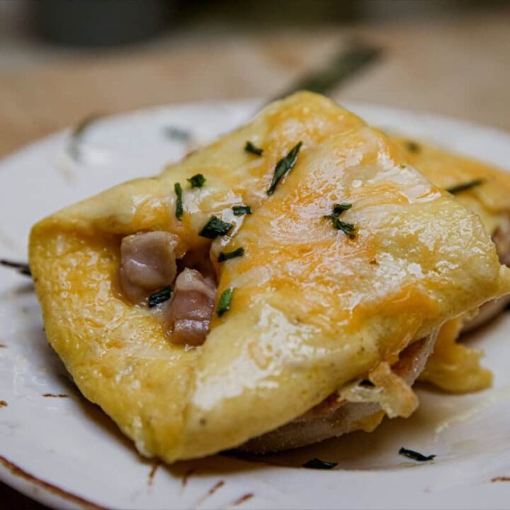 Delicious cheesy ham breakfast casserole with herbs on a white plate.