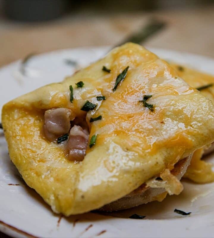 Delicious cheesy ham breakfast casserole with herbs on a white plate.