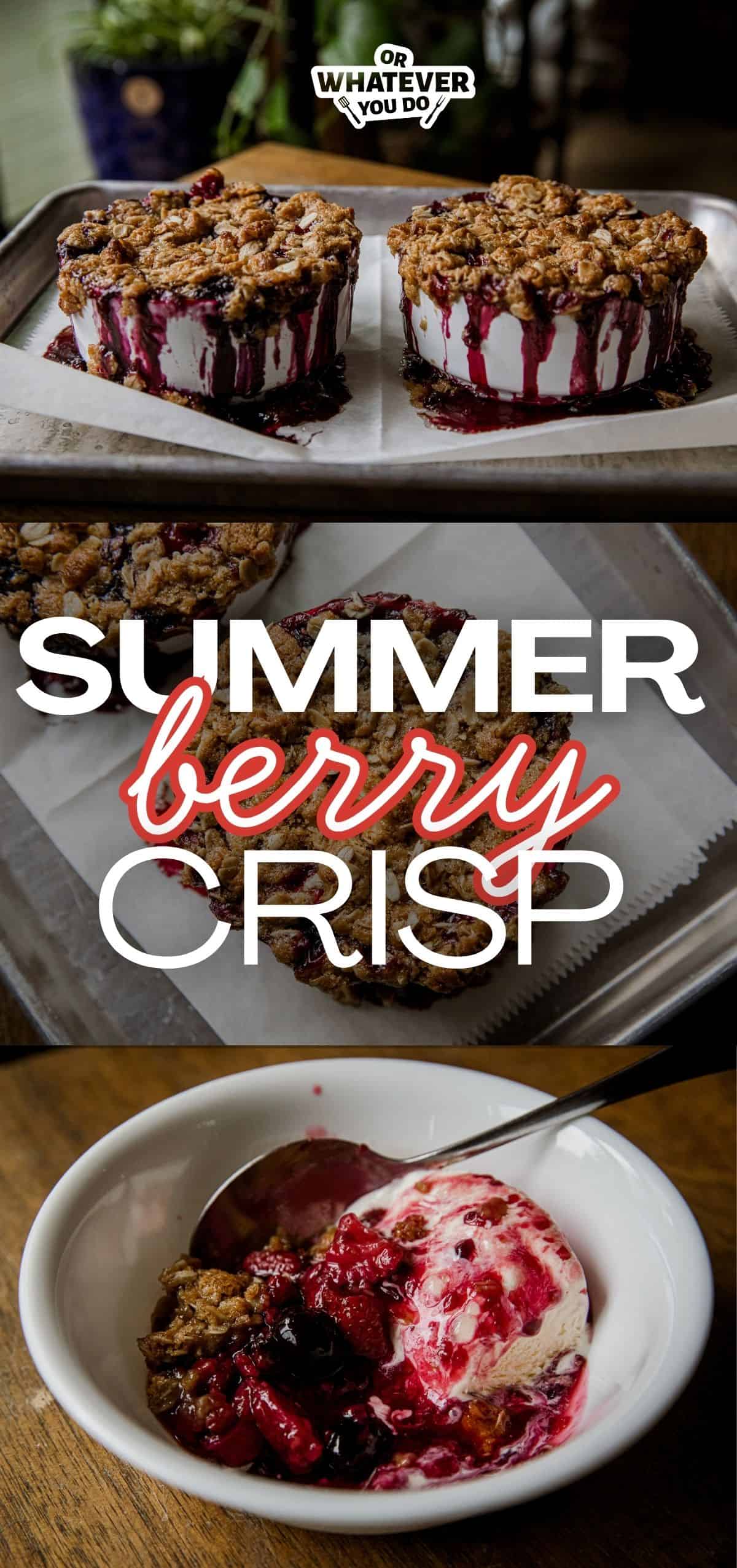 Delicious berry crisp with crumble topping and berry sauce.