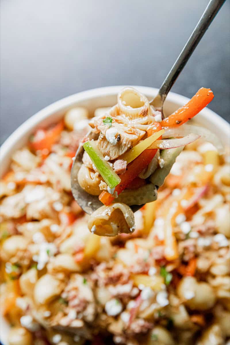 Close-up of chicken pasta salad with vegetables and cheese on a spoon.