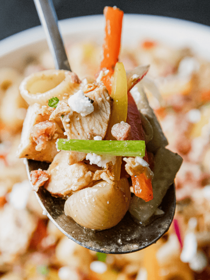 Close-up of pasta salad with chicken, vegetables, and balsamic dressing on a spoon.
