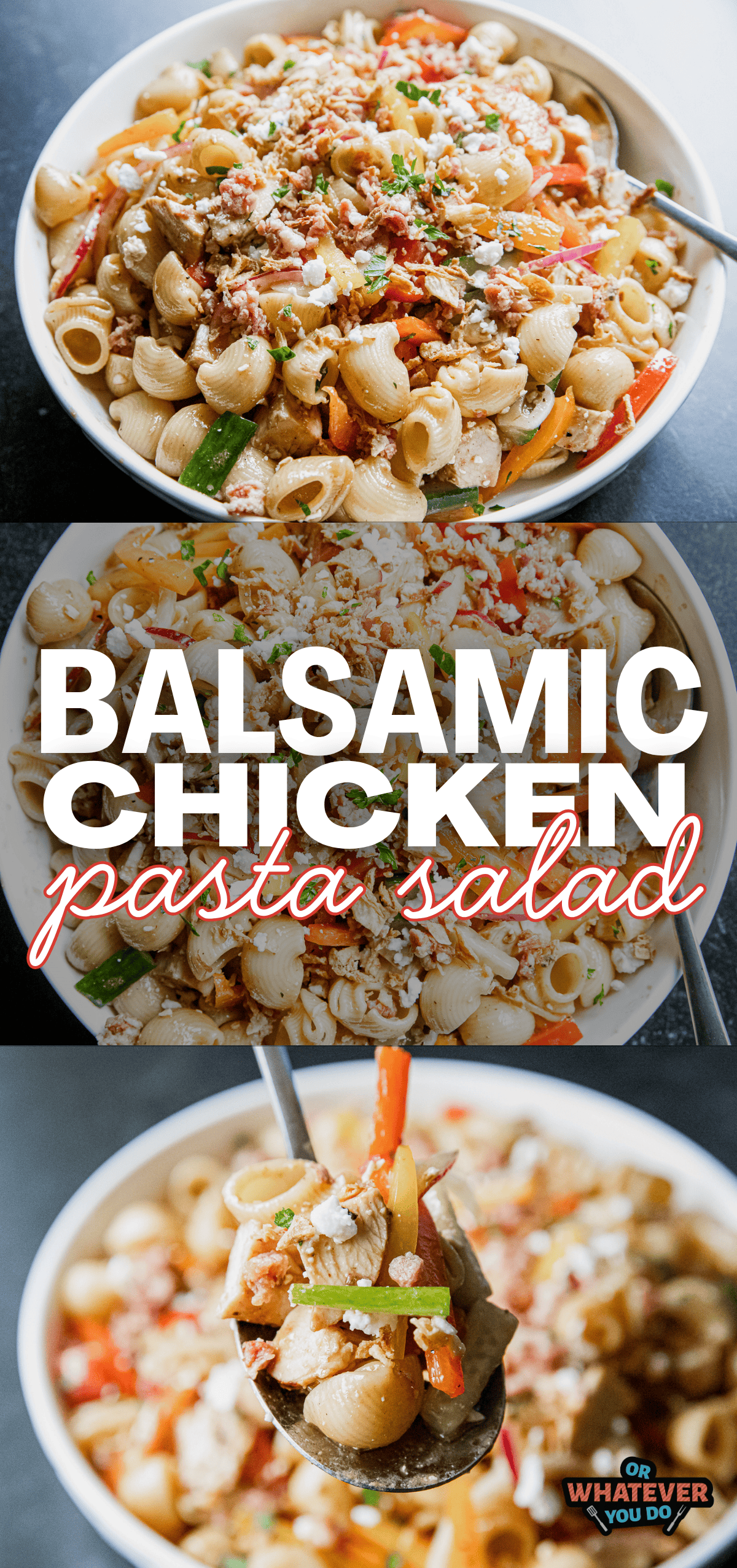 Close-up of a bowl of grilled balsamic chicken pasta salad with vegetables and cheese.