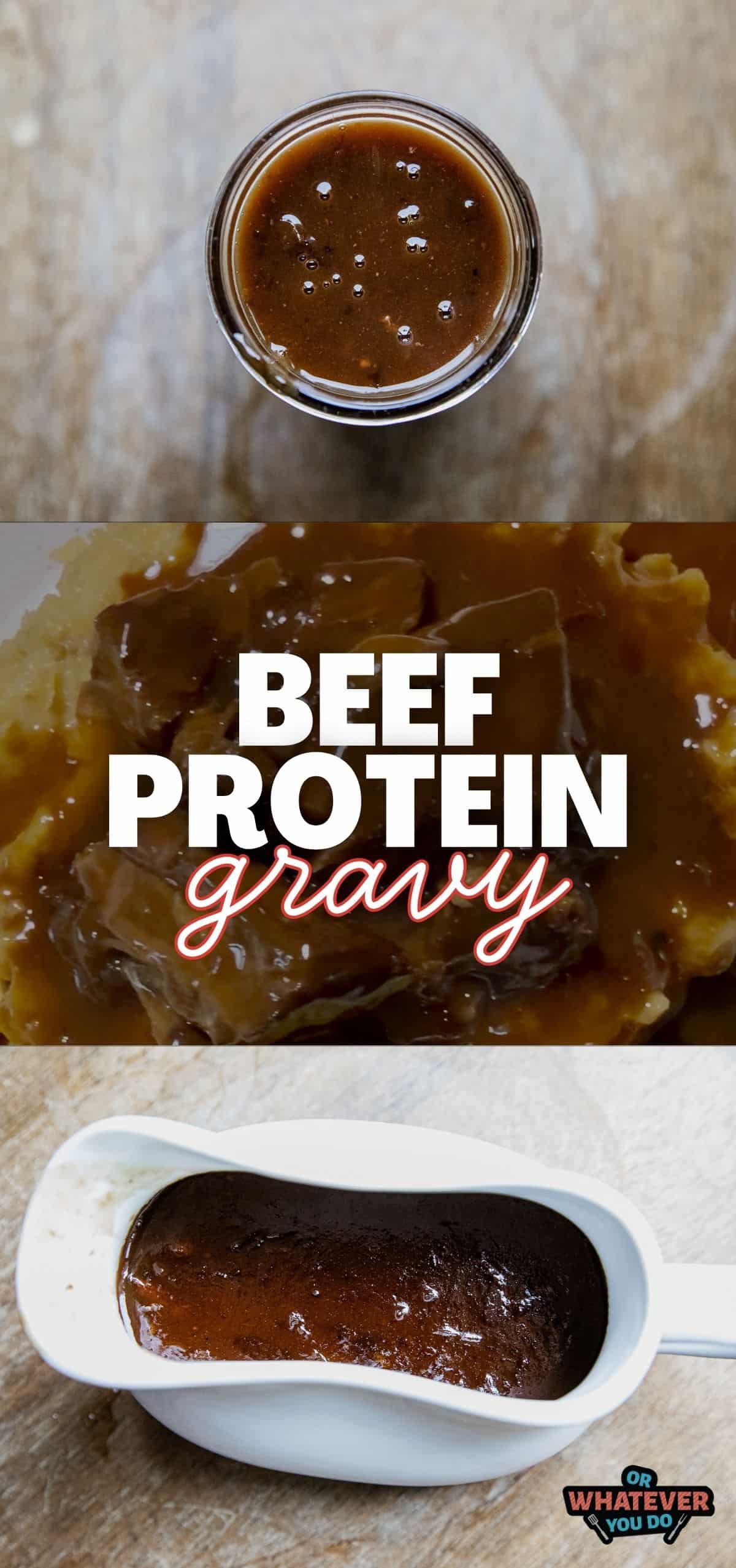 Close-up of beef protein gravy in a glass and gravy in a white gravy boat.