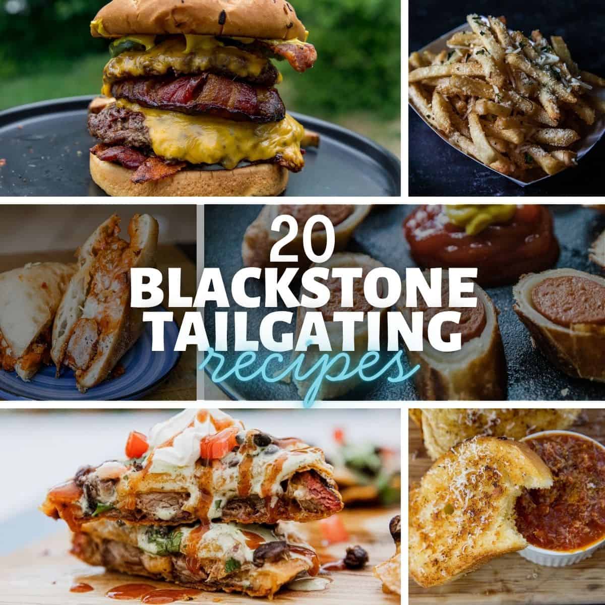 Collection of delicious tailgating foods including burgers, fries, and nachos.