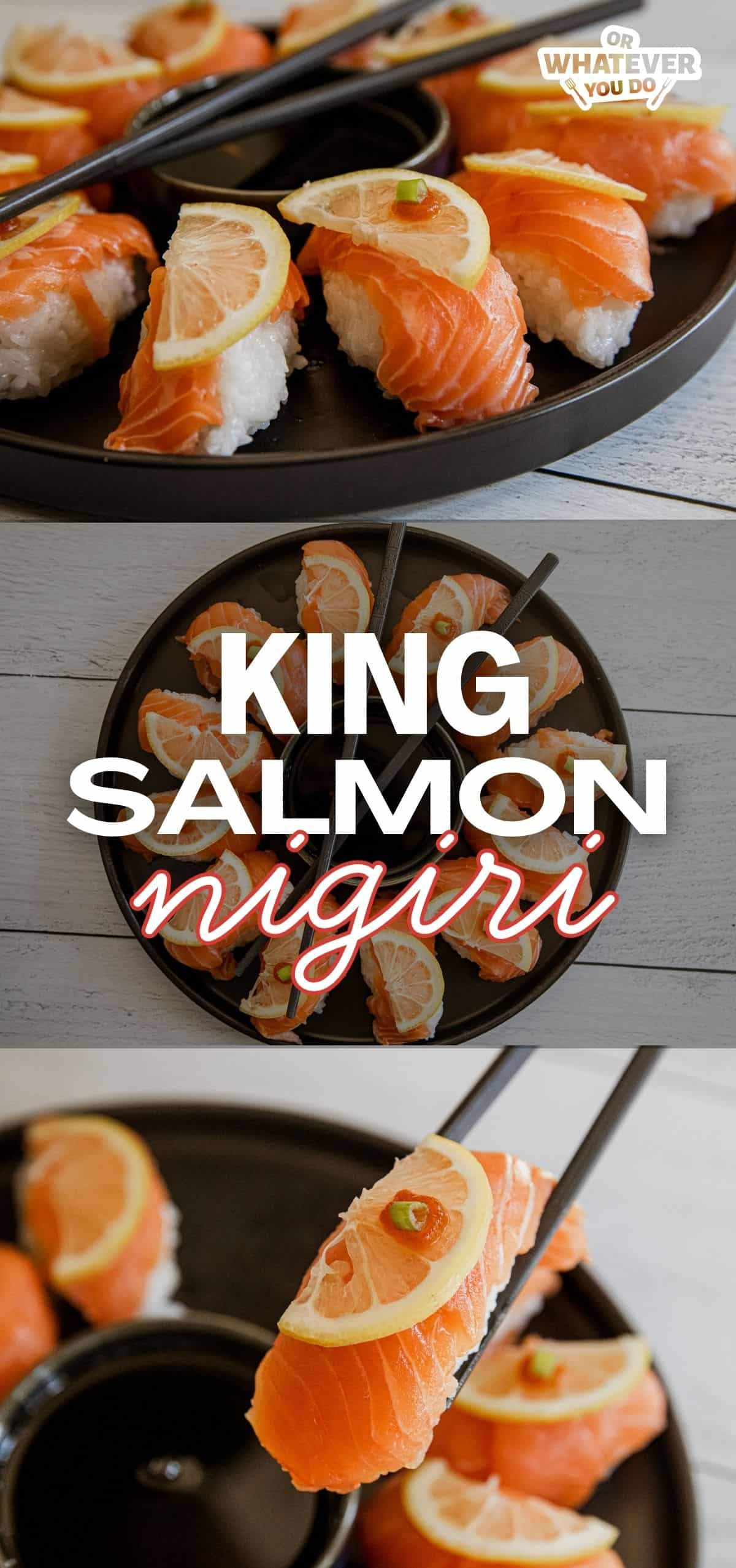 Fresh king salmon nigiri with lemon slices on top, served on a black plate.