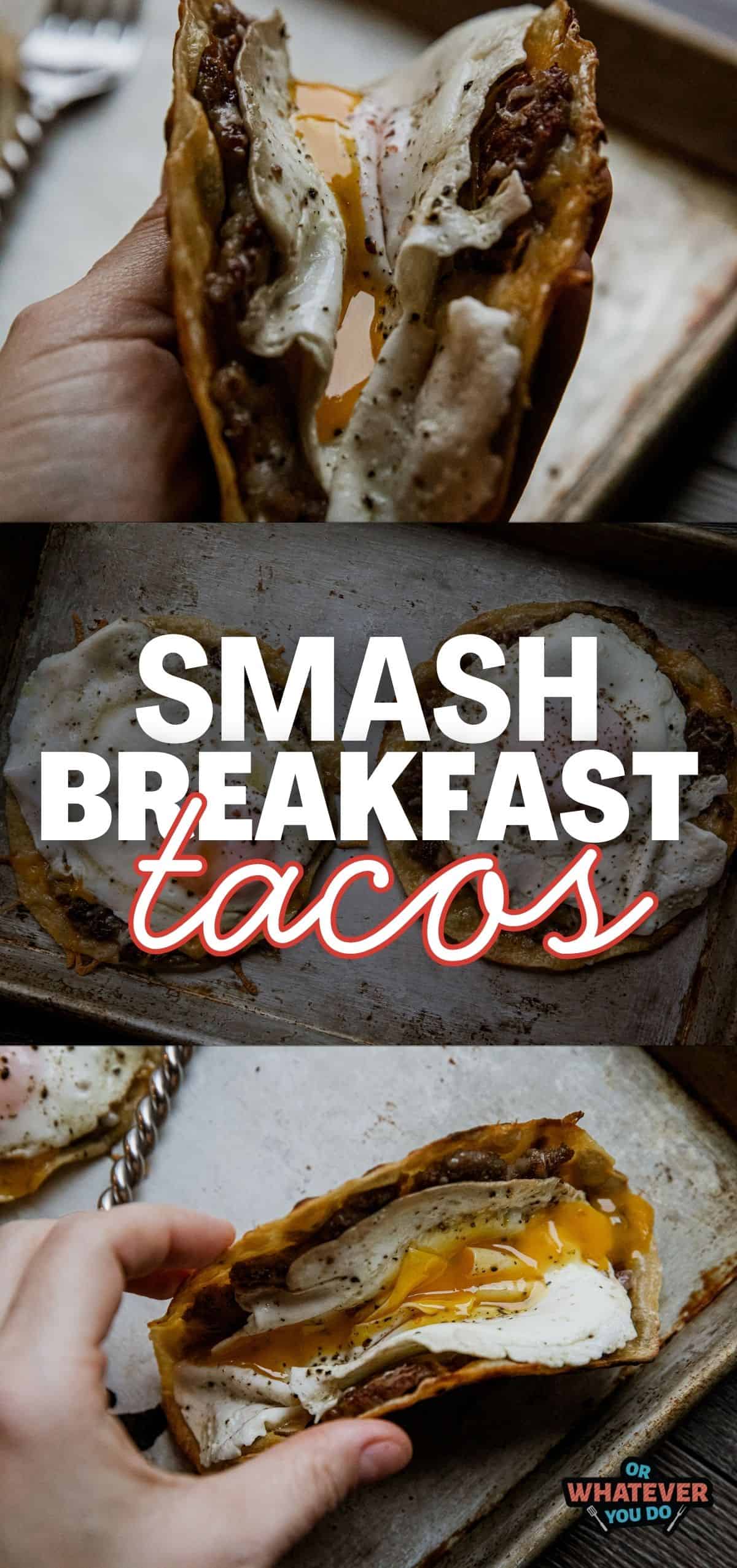 Close-up of a breakfast taco with eggs, sausage, and cheese.