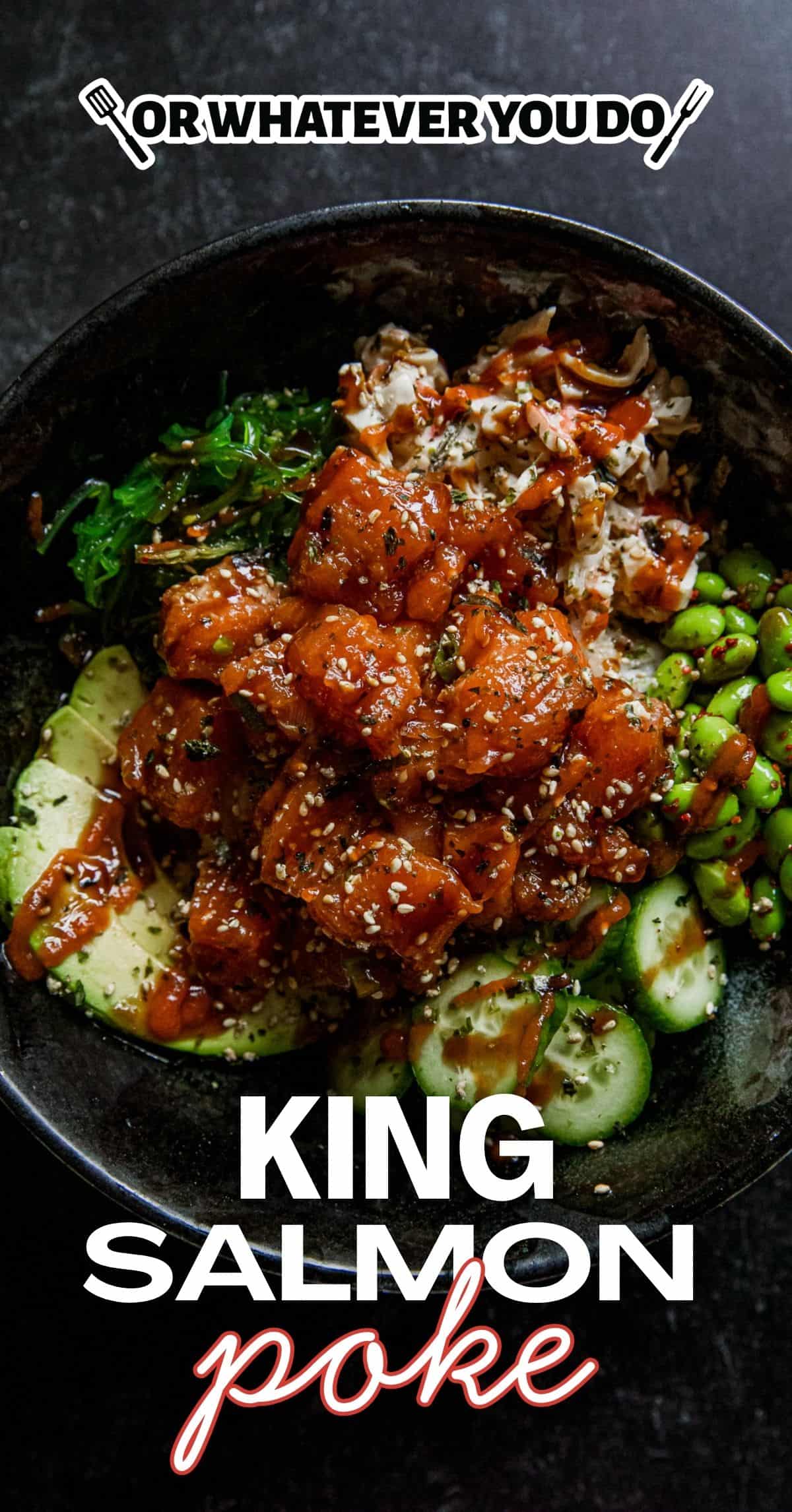 Close-up of spicy salmon poke bowl with vegetables and sesame seeds.