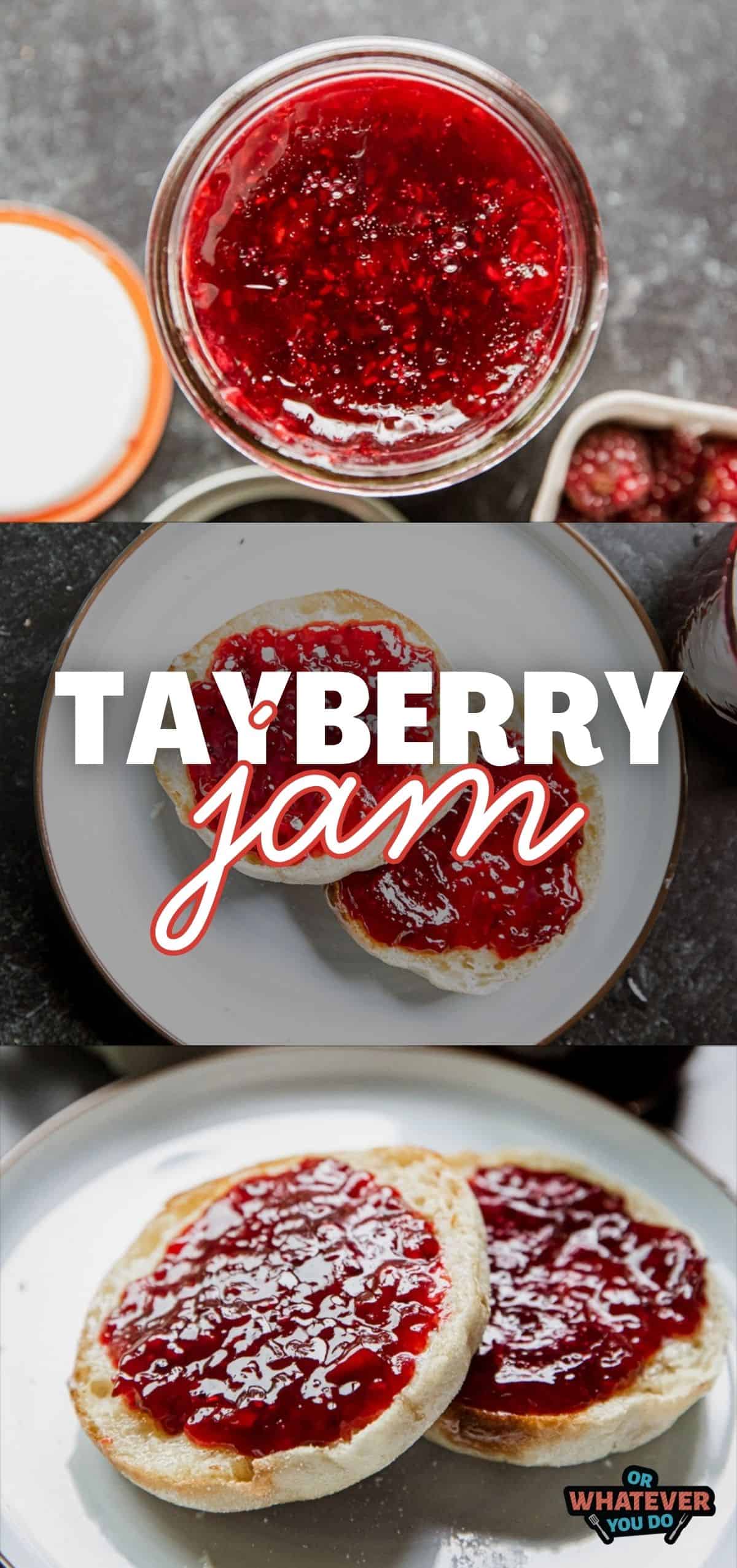 Close-up of fresh tayberry jam in a glass jar with a spoon.