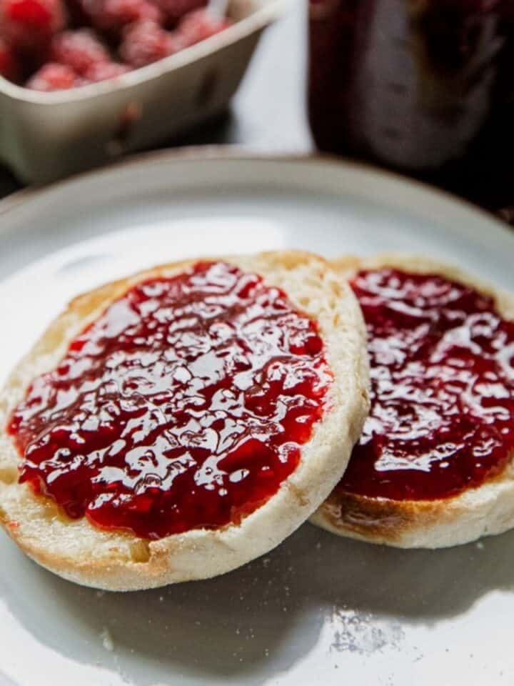 Close-up of toast with fresh tayberry jam spread.