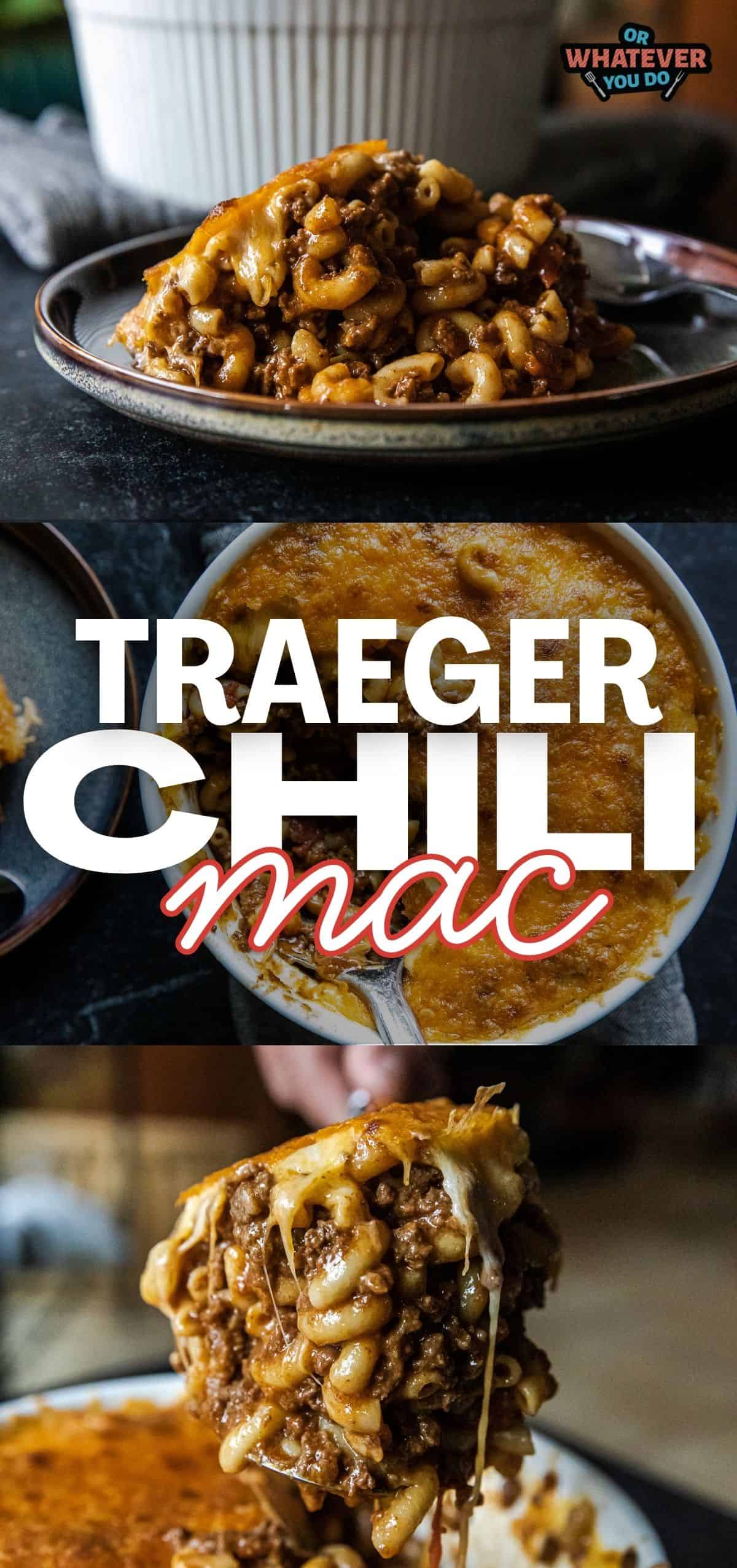 Delicious Traeger Chili Mac served on a plate with cheese and toppings.