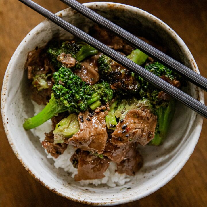 Blackstone beef and broccoli in a savory brown sauce.