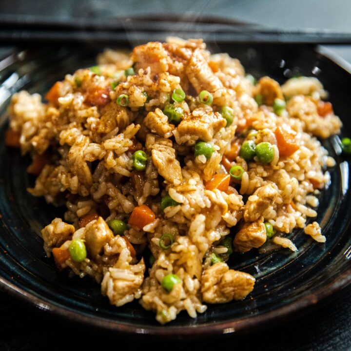 Blackstone chicken fried rice on the griddle.