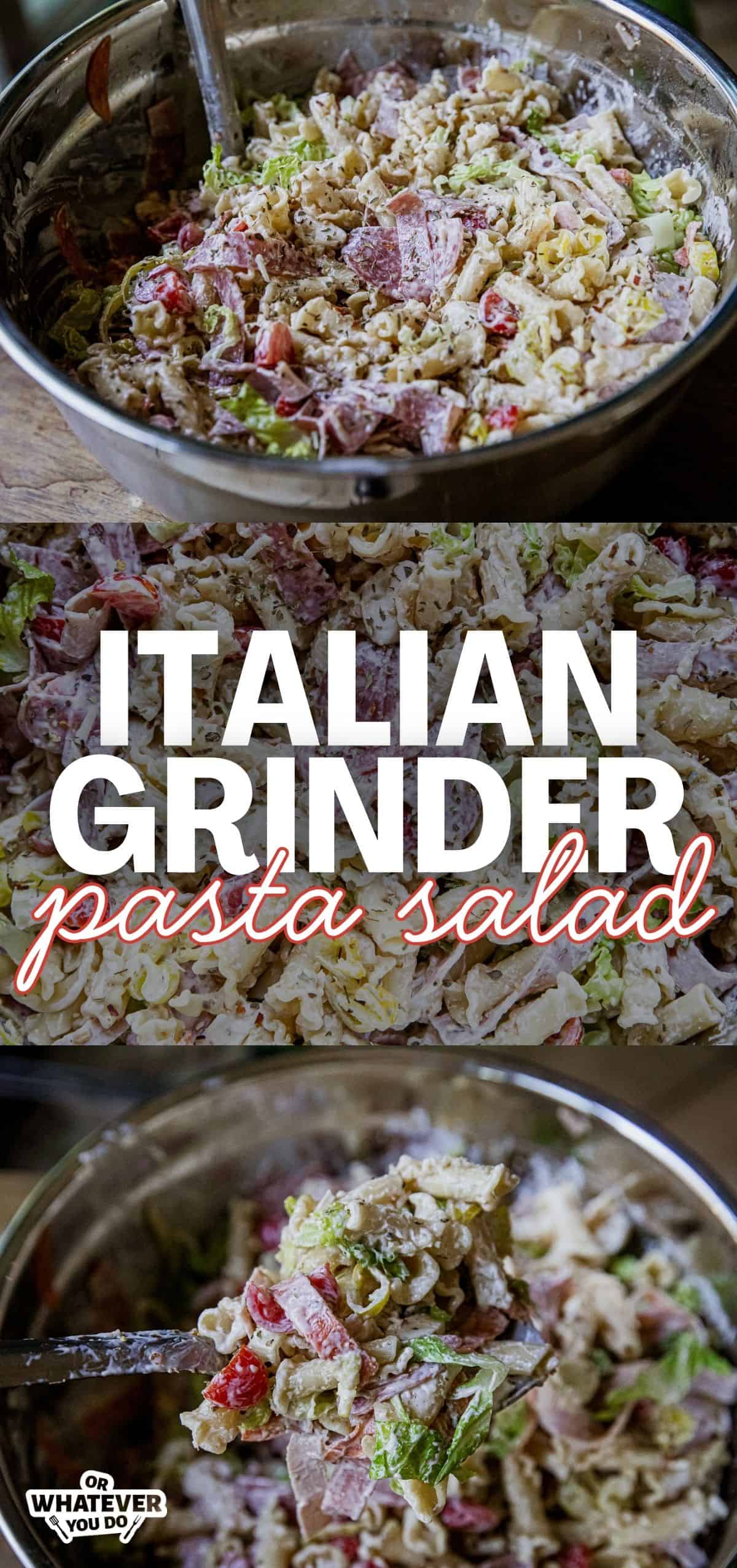 Close-up of Italian grinder pasta salad in a glass bowl with fresh ingredients.