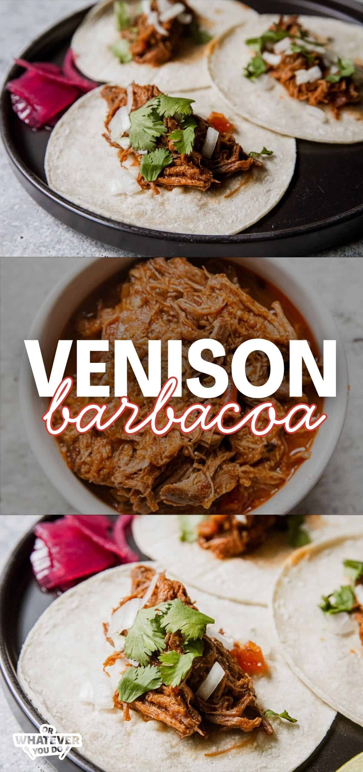 Delicious venison barbacoa served in soft tacos with cilantro and onions.