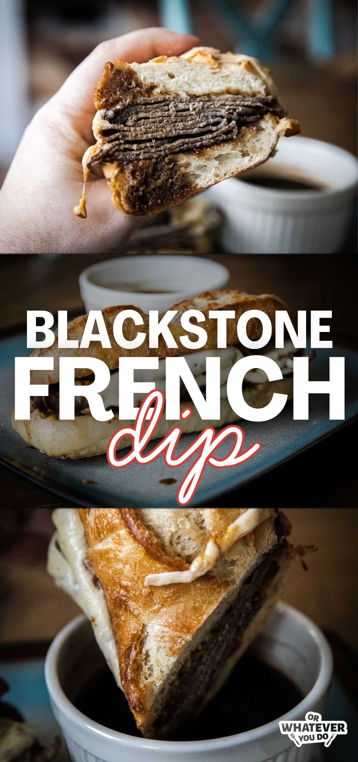 Close-up of a French dip sandwich with beef and au jus.