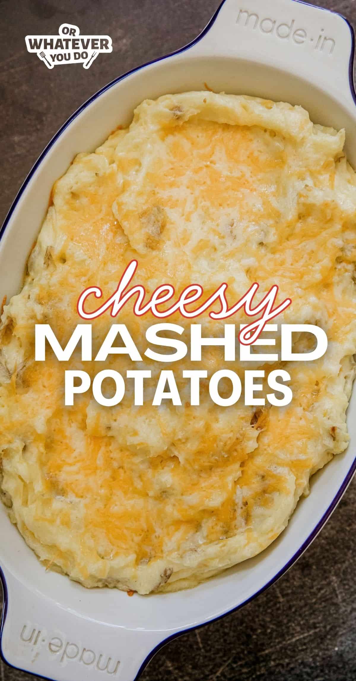 Creamy cheesy mashed potatoes in a white baking dish for comfort food.