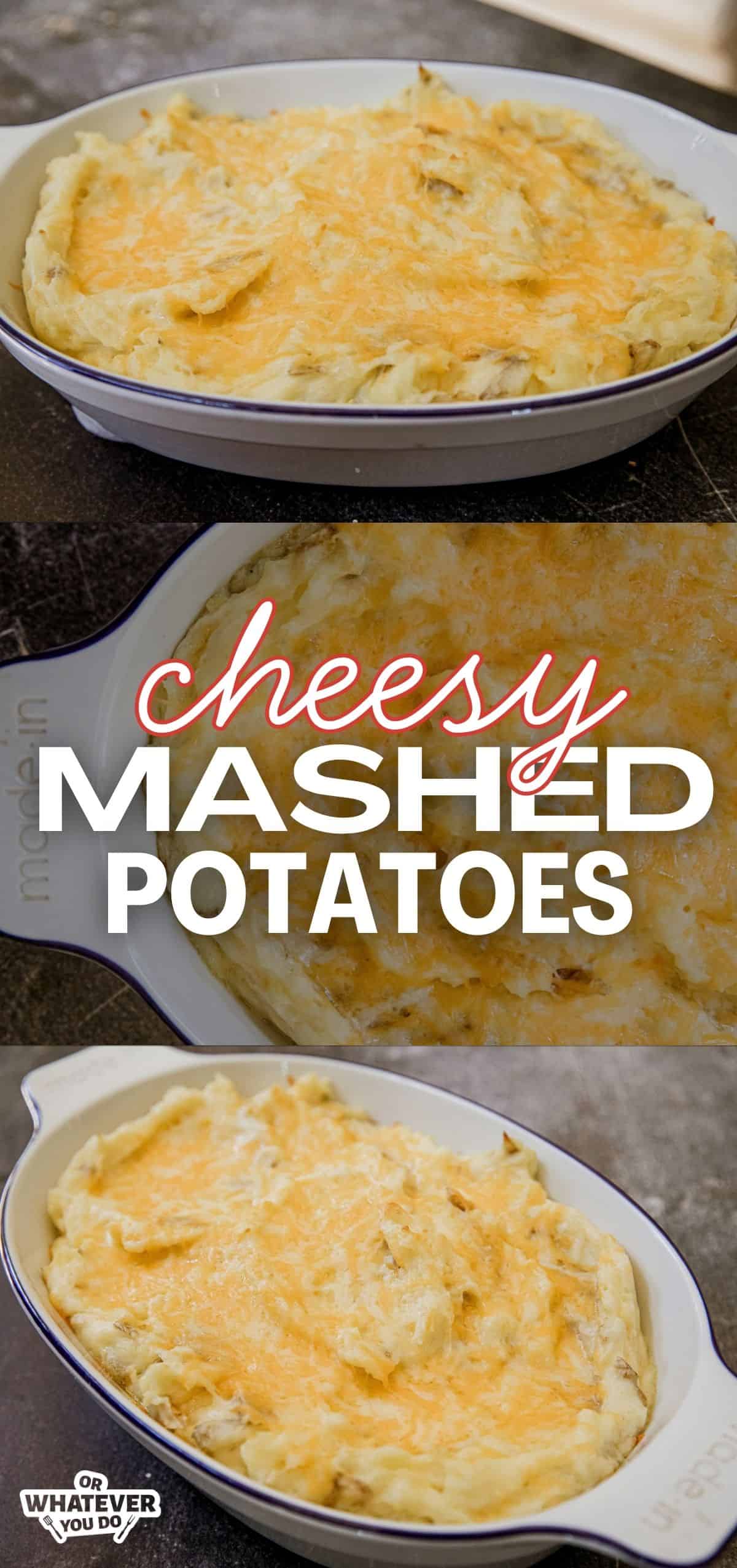 Creamy cheesy mashed potatoes in a white baking dish with melted cheese topping.