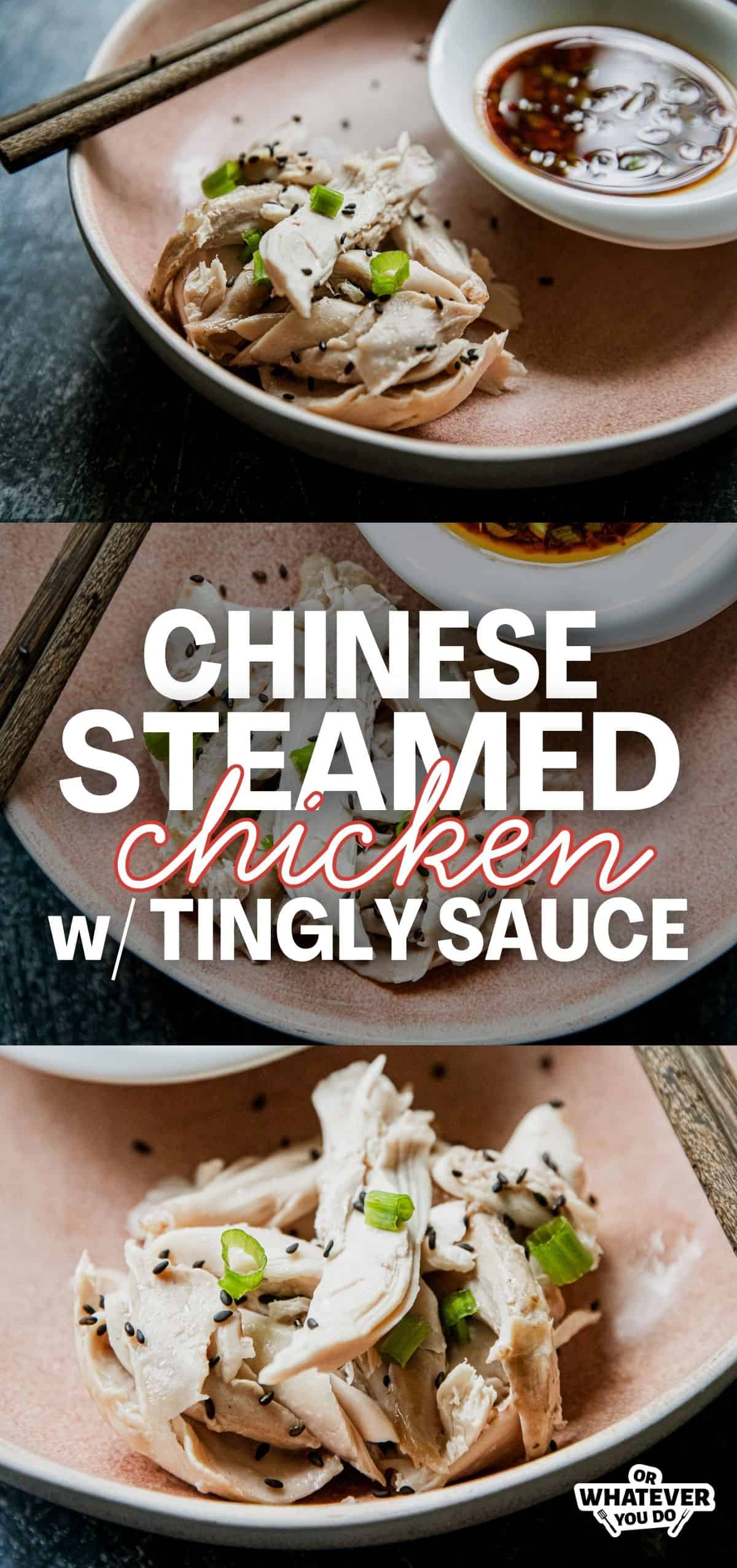 Steamed chicken dish with green onions and dipping sauce on a pink plate.