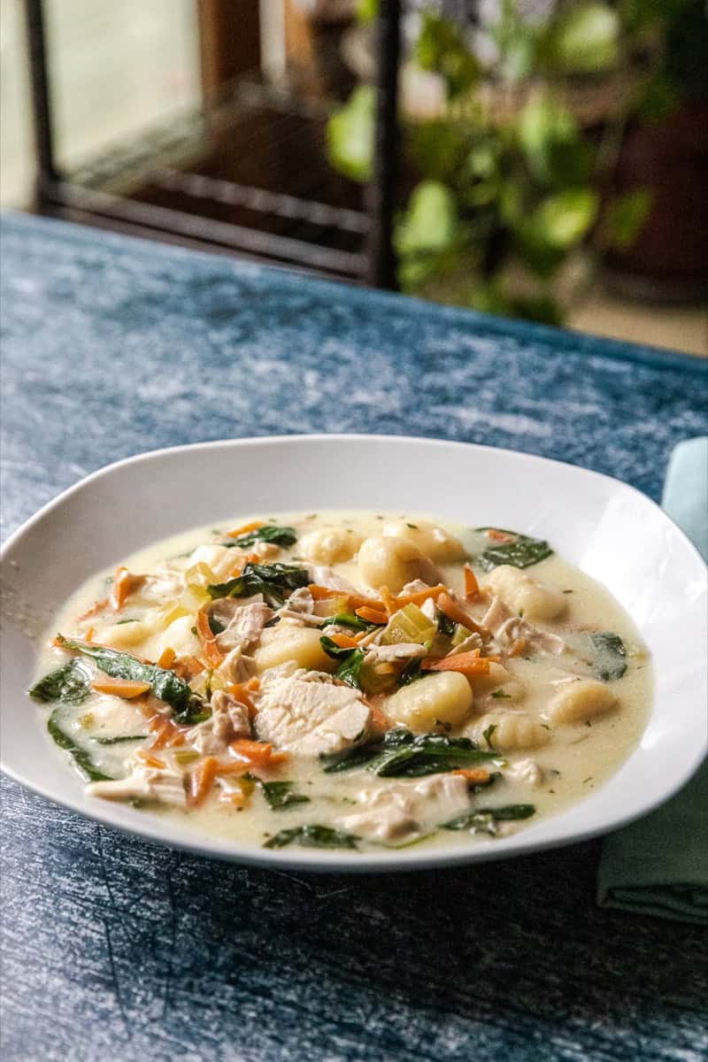 Chicken gnocchi soup in a bowl