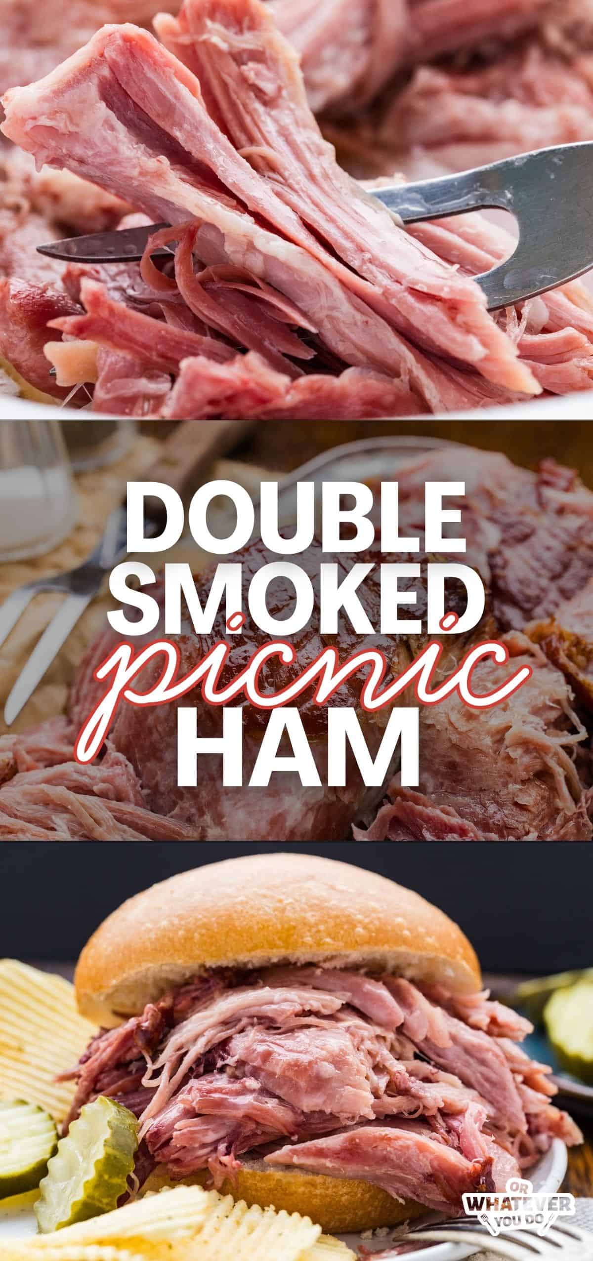 Tender double smoked picnic ham with shredded meat and sandwich.