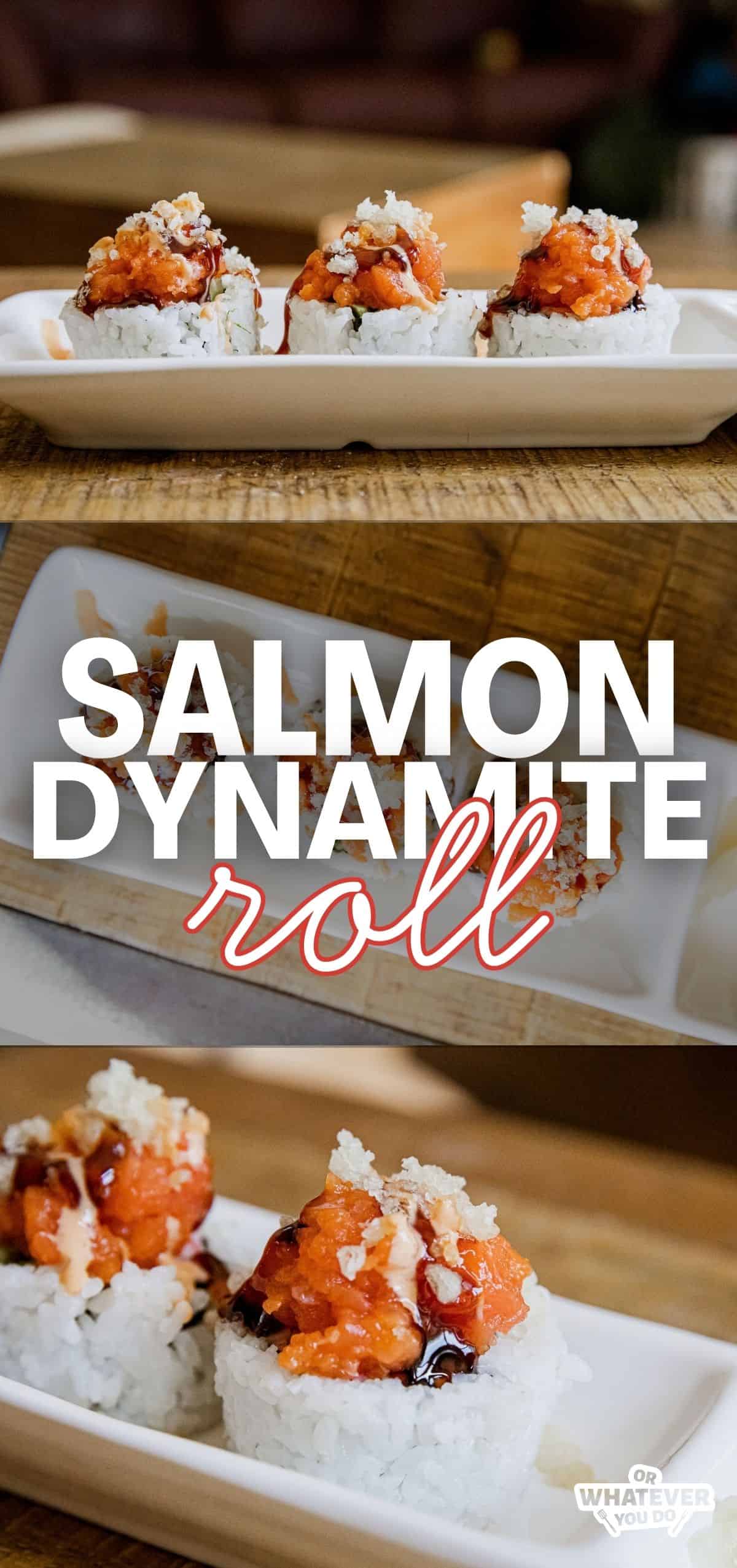 Salmon Dynamite Roll with spicy topping and crispy tempura flakes.