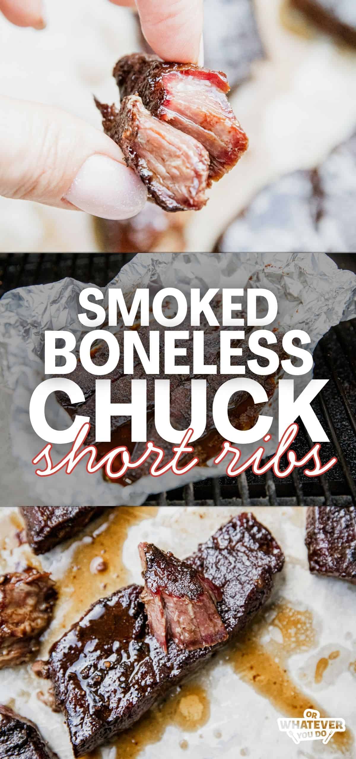Close-up of smoked boneless chuck short ribs showing juicy interior and bark crust.